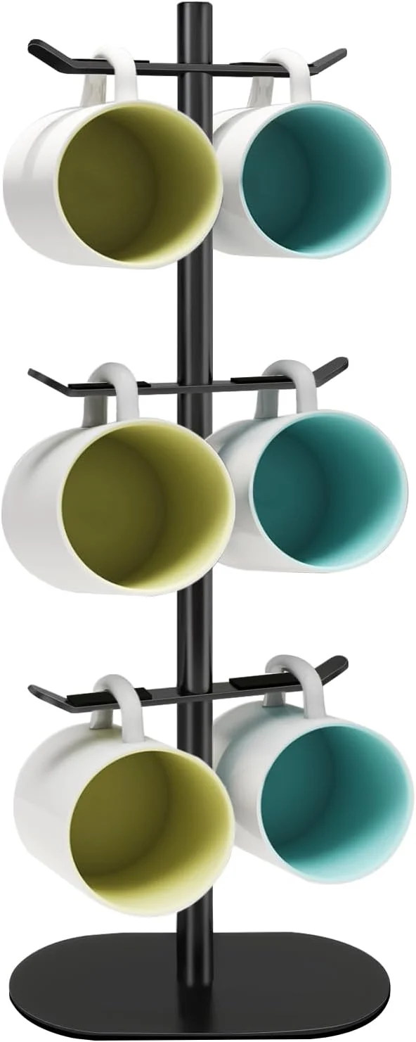 Next-Generation Cup Holder Tree with 6 Hooks Metal Coffee Mug Rack Stand Black Easy-to-Use