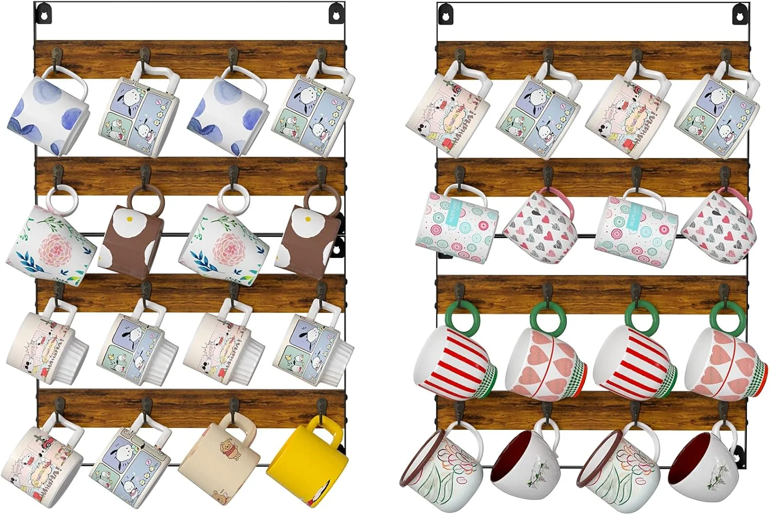 Proven Rustic Wood Coffee Mug Rack – Wall Mount Cup Holder Shelf Storage for Kitchen Home Bar Office 4 Pack Holds 32 Mugs Innovative