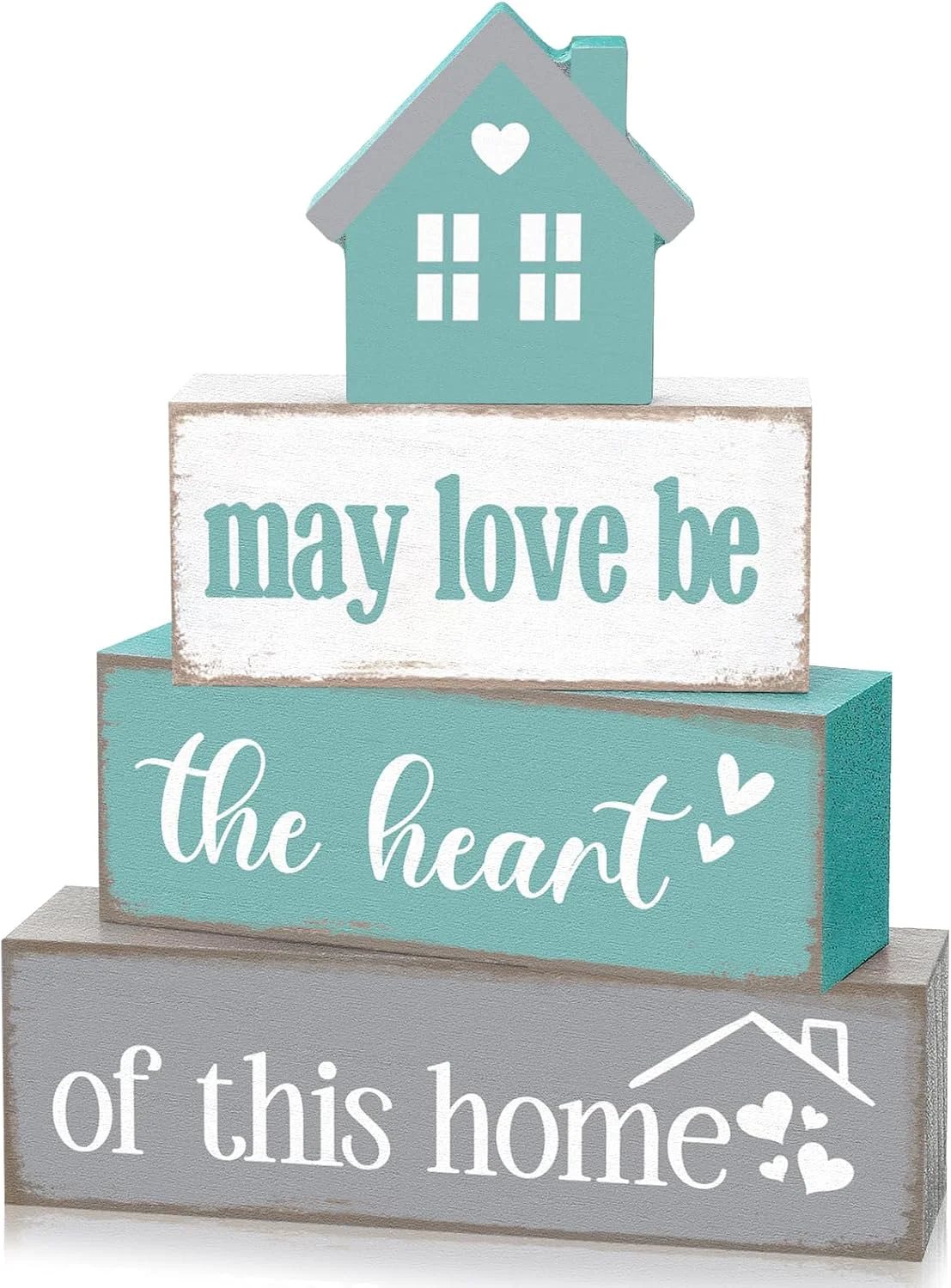 Easy-to-Use Cinnvoice 4 Pcs Farmhouse Table Decoration Rustic Sign Block May Love Be Home Heart Wood Sign Teal and Grey Tabletop Centerpiece Farmhouse Decor for Home Indoor Kitchen Shelf Tier Tray Decor Eco-Friendly