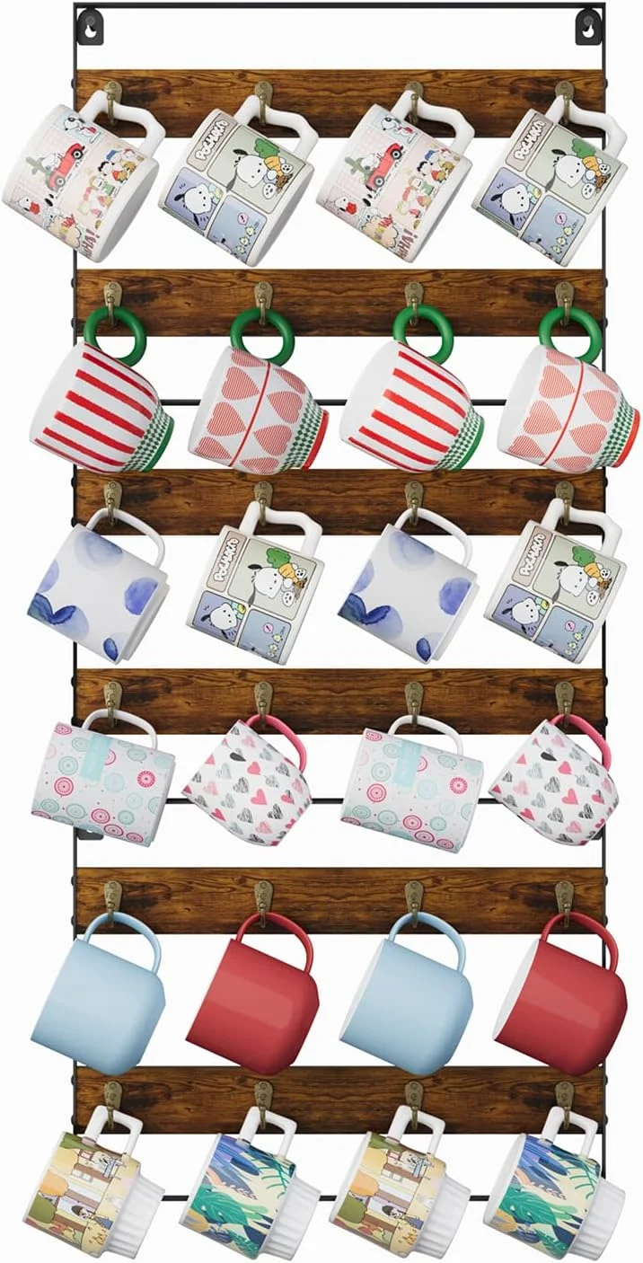 Advanced Huxitocan Wall Mount Coffee Mug Holder – Rustic Wood and Iron Holds Up to 24 Mugs 3Pack for Kitchen Home Coffee Bar Luxury