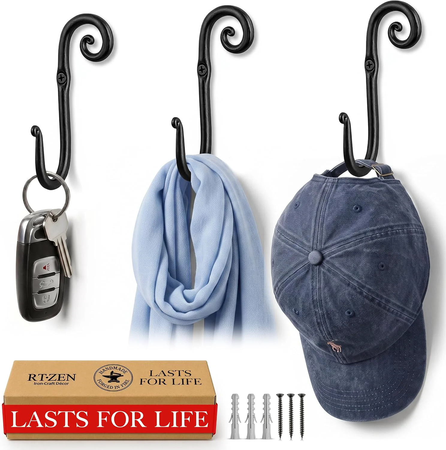 Luxury RTZEN Classic Farmhouse Wall Mount Multi-Use Wrought Iron Hook Set 3 Pack Specialty