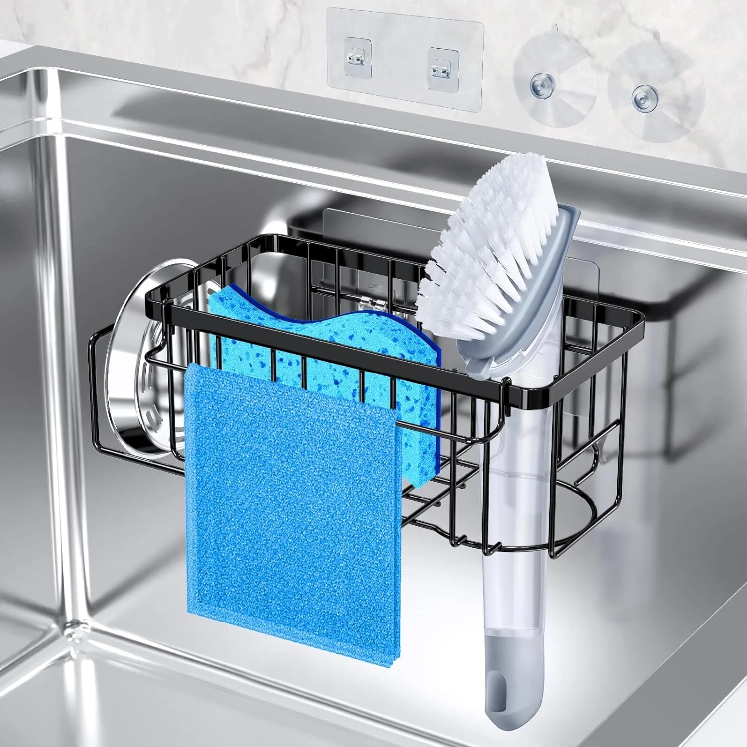 Prestigious StorageRight 4-in-1 Sponge Holder for Kitchen Sink Kitchen Organizers and Storage with Adhesive Hook Suction Cups Practical