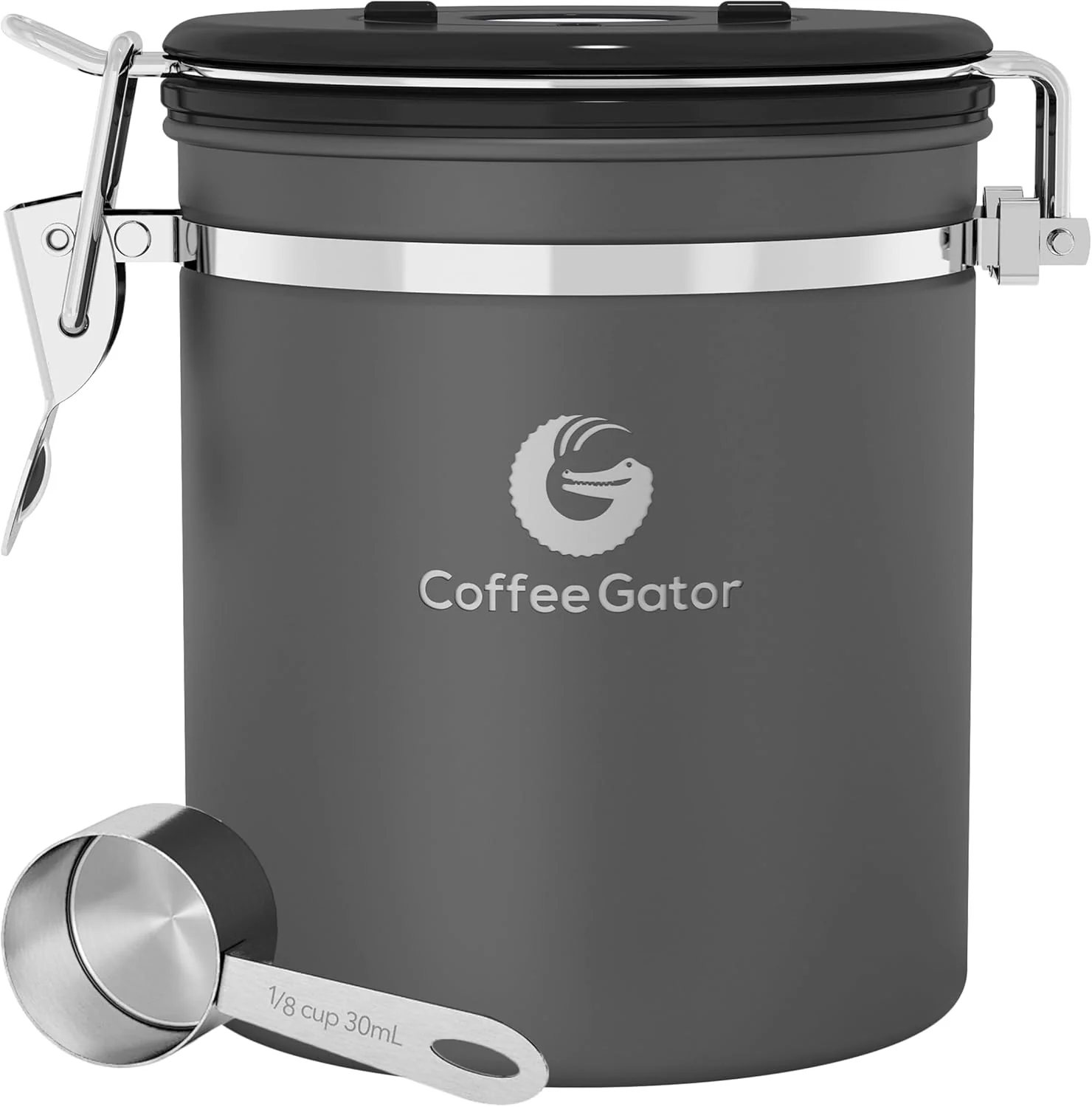 Easy-to-Use Coffee Gator Stainless Steel Canister – Medium 16oz Gray Coffee Grounds and Beans Container with Date-Tracker CO2-Release Valve Refined
