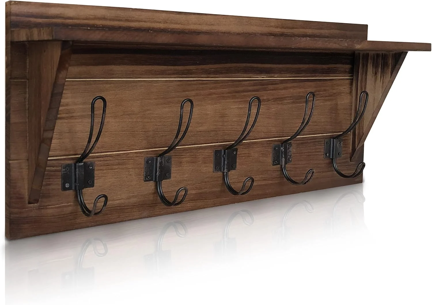 Crafted Hbcy Creations Rustic Brown Solid Wood Wall Mounted Coat Rack with Shelf 5 Hooks 24 Long – Kitchen Mudroom Entryway Bathroom Stylish
