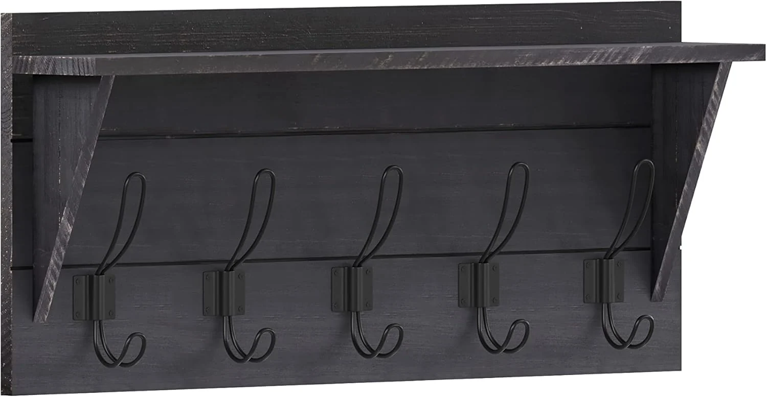 Authentic Hbcy Creations 24 Wall Mounted Storage Rack – Pine Wood Construction – Black Wash – Upper Storage Shelf – 5 Hooks – I for Entryway Kitchen Smooth