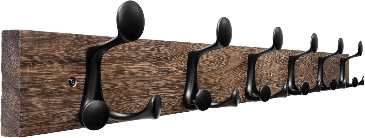 Clean Skoloo 36-Inch Wood Burnt Coat Rack Wall Mount with 6 Triple Hooks – I for Family Entrances Classrooms and Pet Supplies Storage Detailed