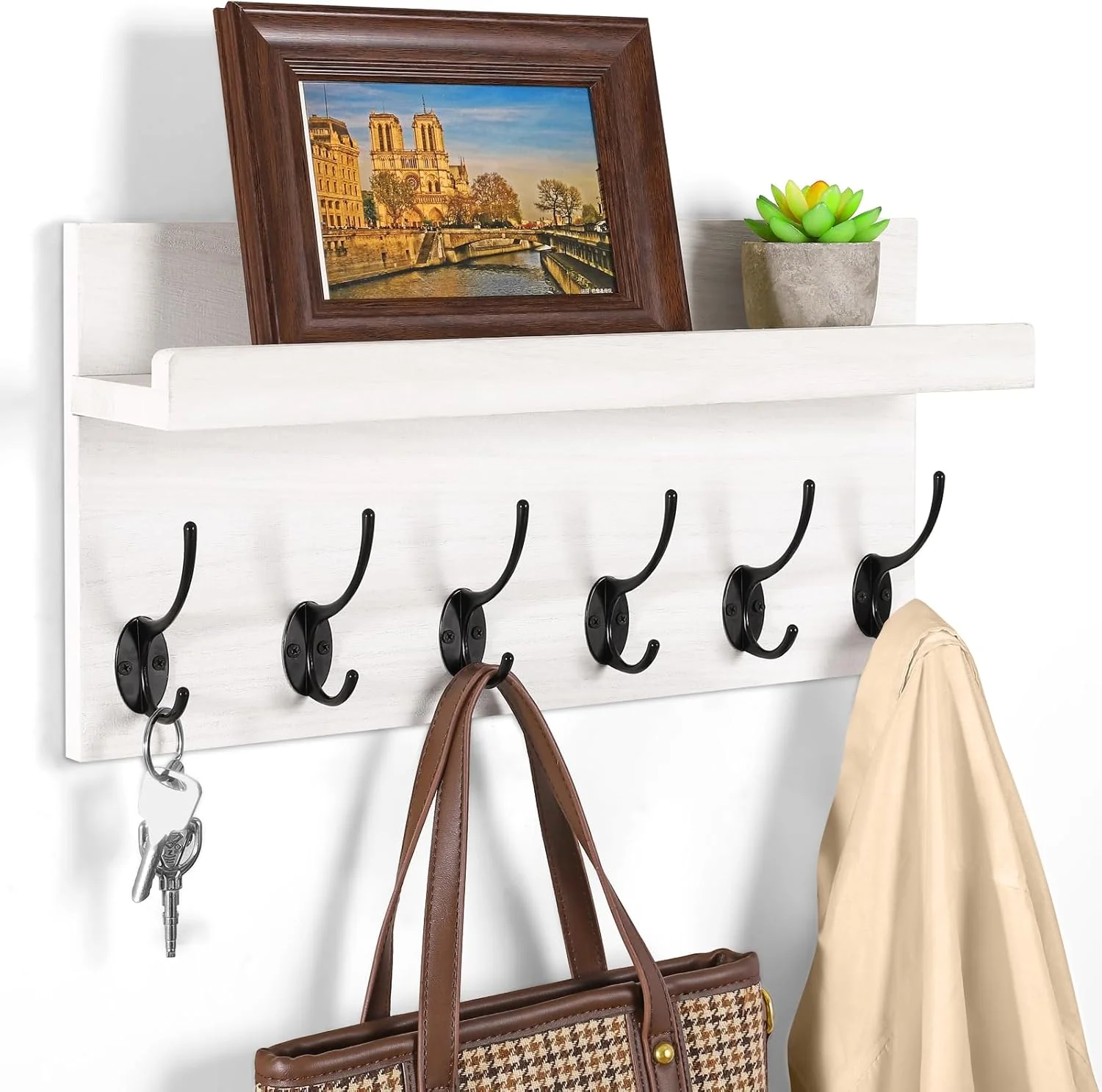 Trendy Shelf with Hooks Coat Rack Wall Mount with 6 Double Metal Hooks 17 Inch Farmhouse Wall Hooks with Shelf for Entryway Bathroom Kitchen White Prestigious