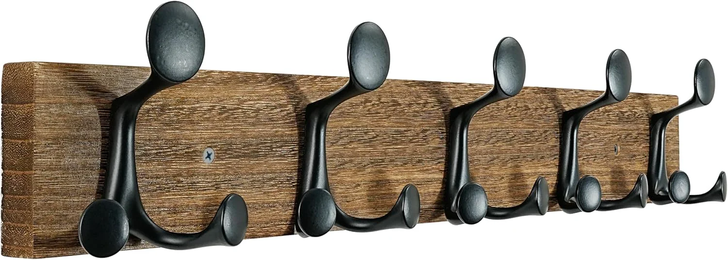 Sustainable Skoloo 24-Inch Wood Burnt Coat Rack Wall Mount with 5 Triple Hooks – I for Family Entrances Classrooms and Pet Supplies Storage Trendy