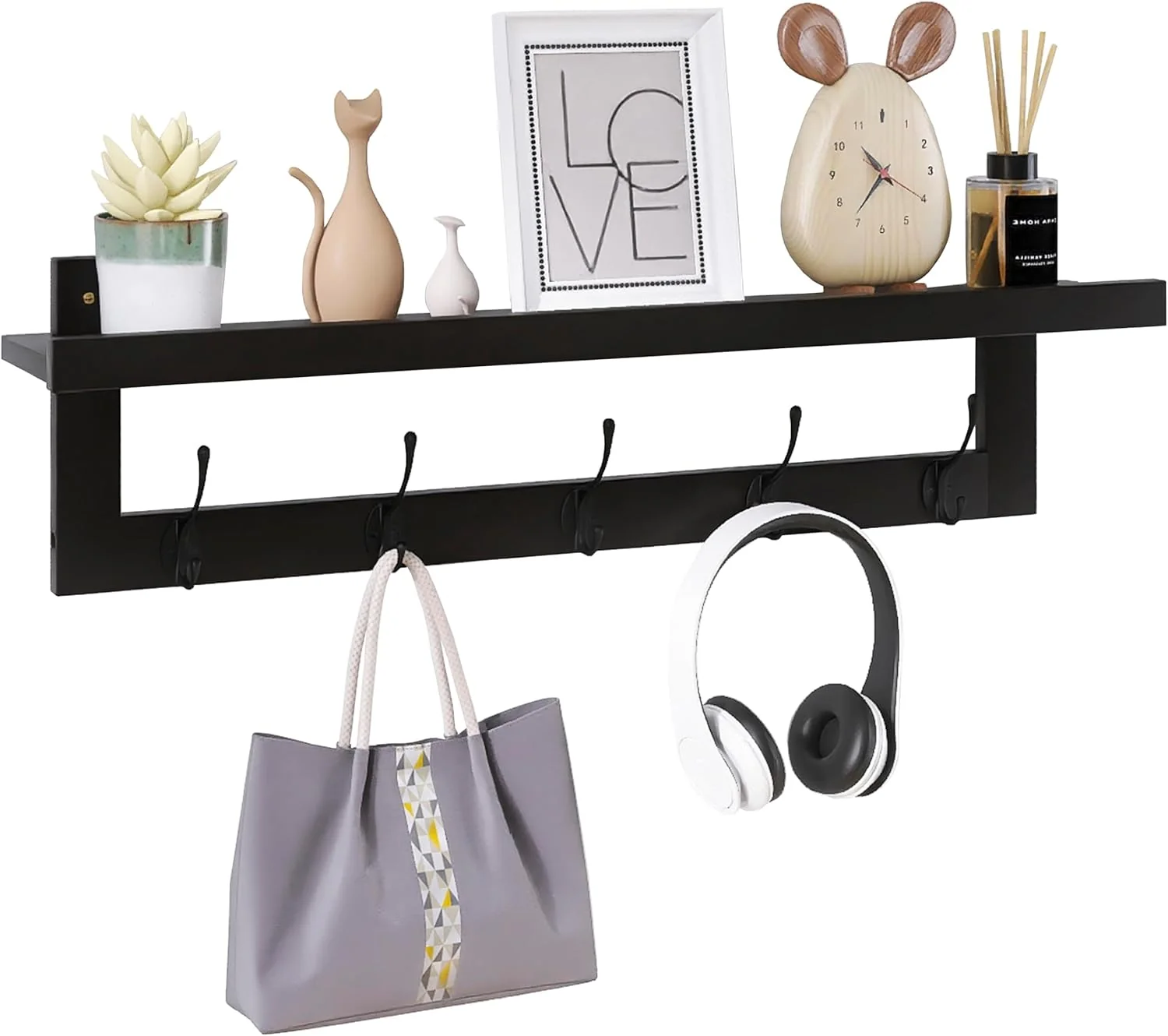 Official Smibuy Coat Hooks with Shelf Wall-Mounted 29.2 Inch Entryway Coat Rack for Wall Bamboo Hanging Shelf with 5 Double Metal Hooks for Bathroom Selected