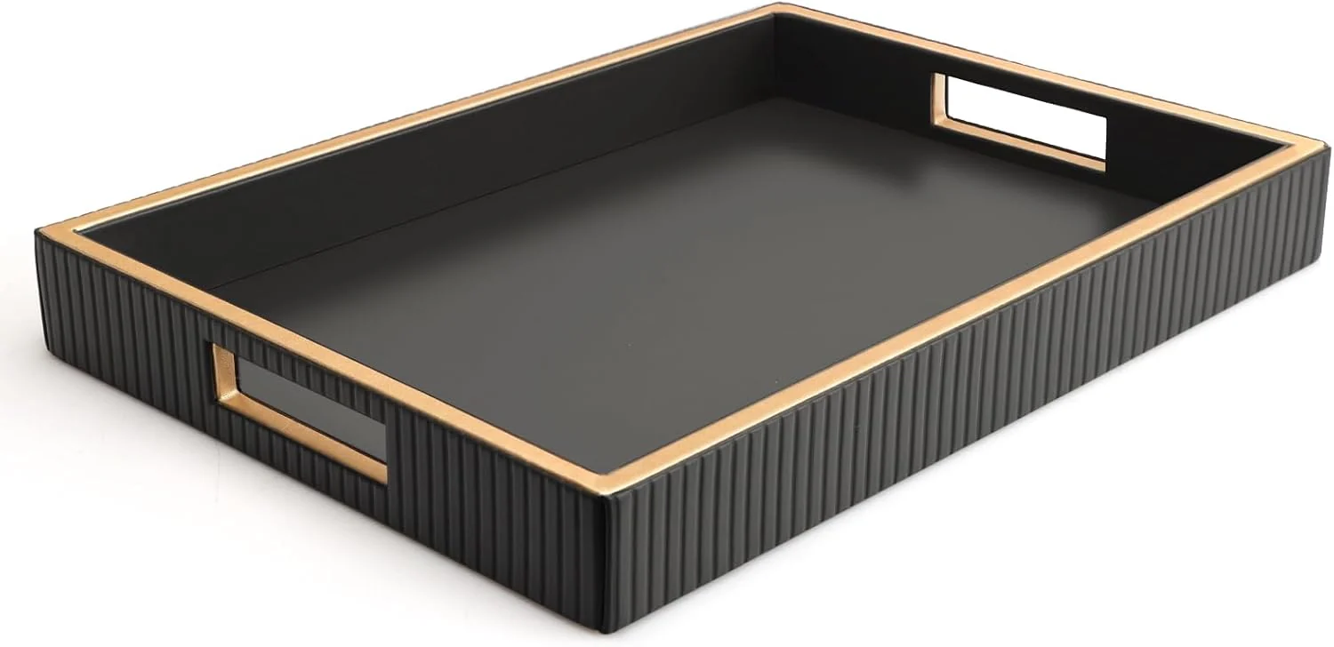 Clean Sanzie Leather Tray Desktop Storage Organizer Premium Serving Tray Decorative Tray Valet Tray for Sundries Cosmetics Phone Wallet Cutlery Black Enhanced
