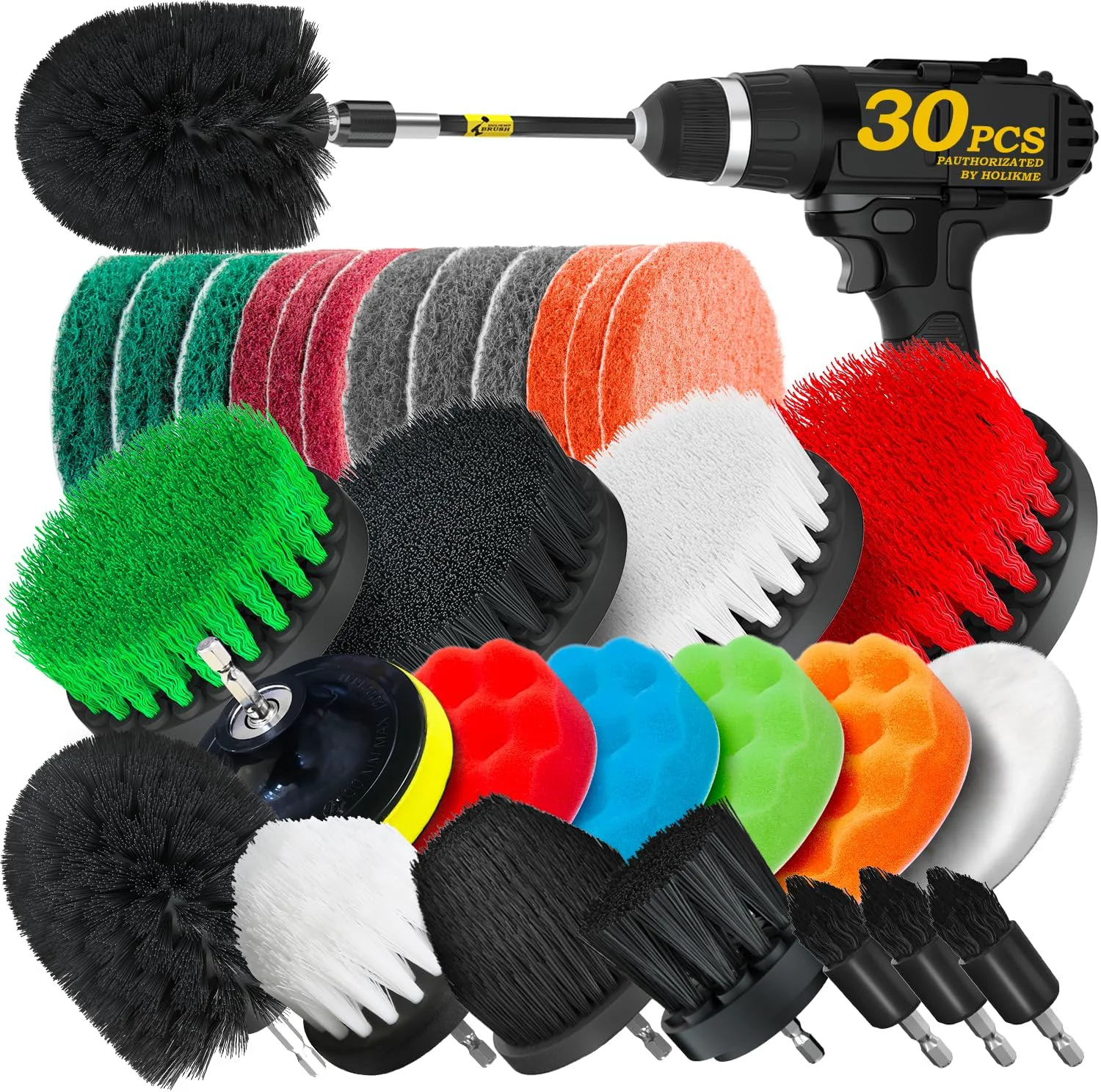 Artisan Holikme 30 Piece Drill Brush Set Scrub Pads Scrubber Brush with Extend Long Handle Clean for Grout Tiles Bathtub Bathroom Kitchen Black Comfortable