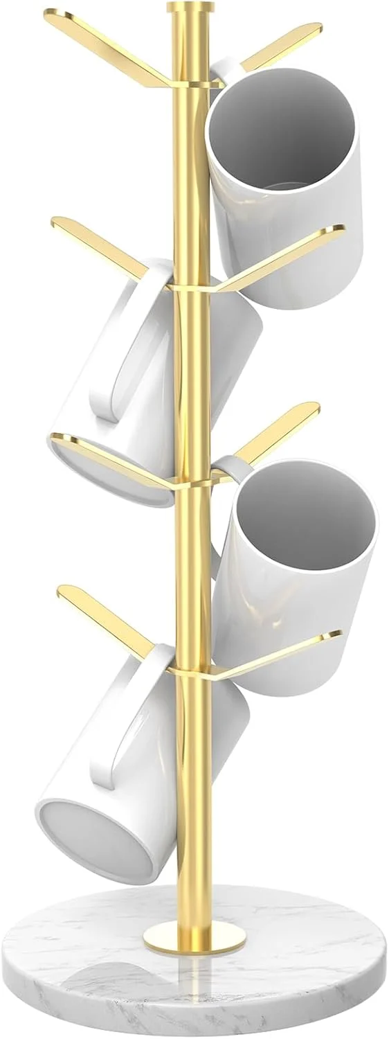 Durable Marble Mug Holder Tree with 8 Hooks Stainless Steel Coffee Cup Holder Non-Slip Silicone Pads Heavy Duty Marble Base Quality