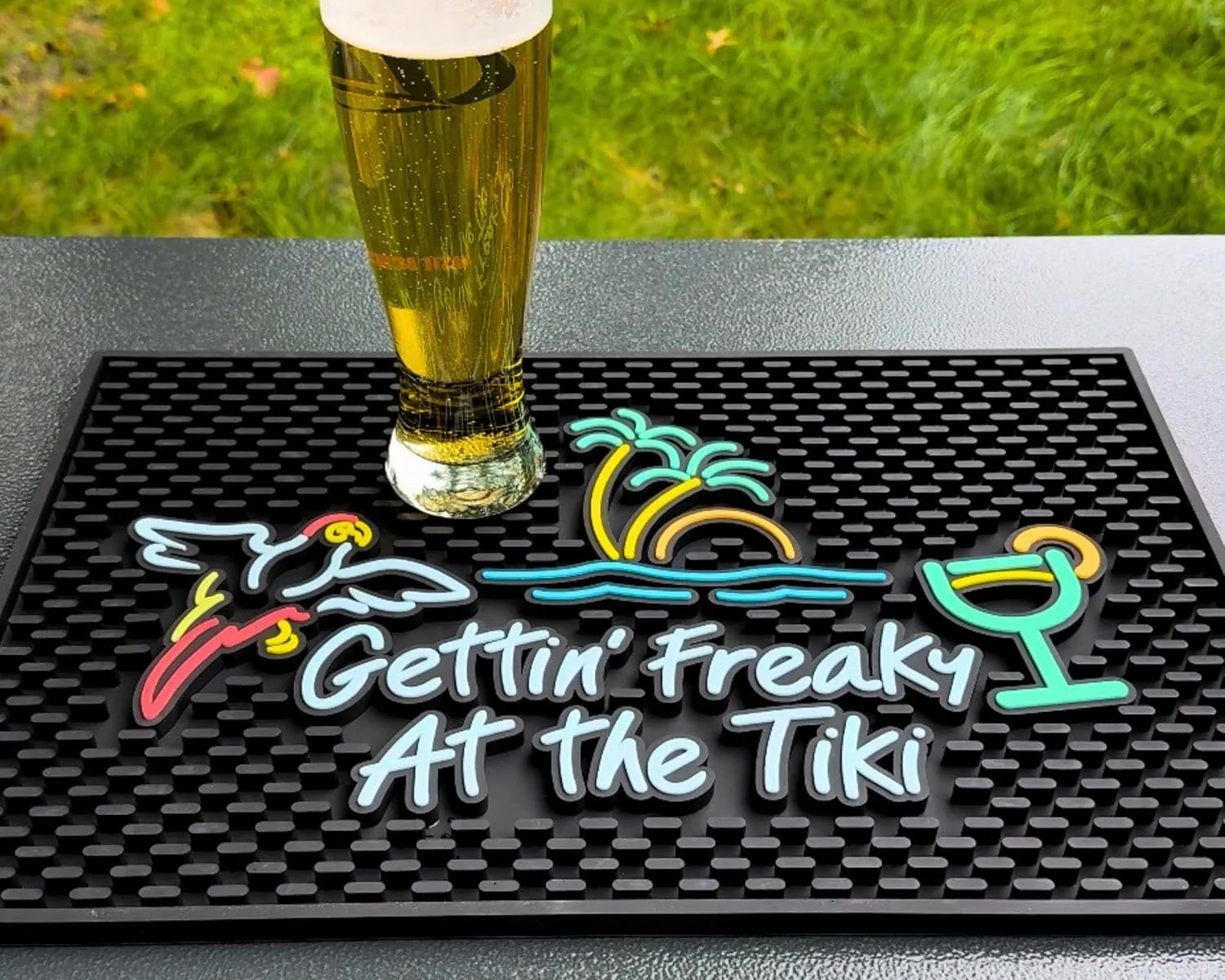 Premium Material Gettin Freaky at The Tiki Sign with Flying Parrot Palm Tree and Cocktail Tiki Bar Mats for Countertop 18 x 12in Practical