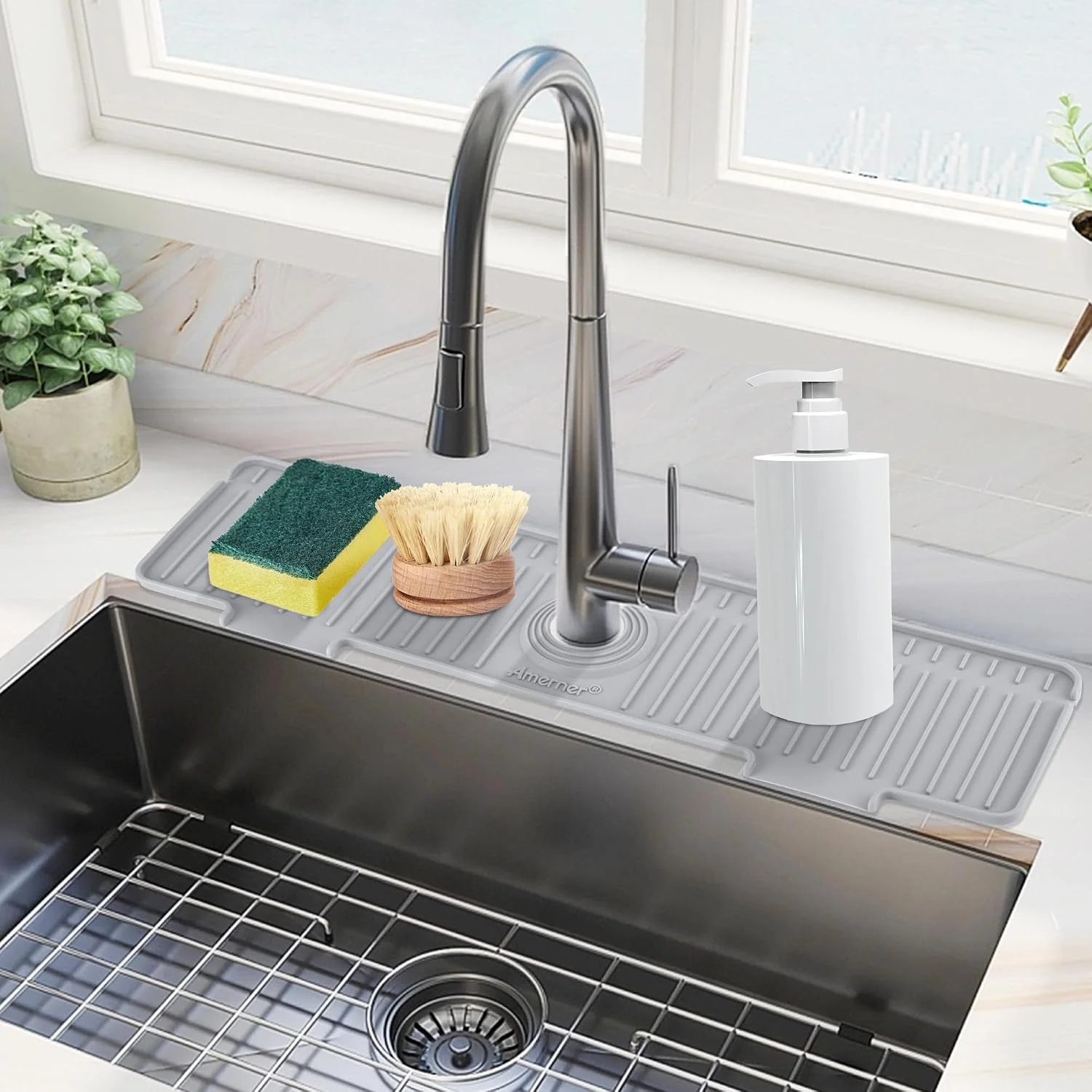 High-Performance Amerner 20 inch Kitchen Sink Splash Guard 10° Large Slope amp Adaptable Hole Faucet Mat for Kitchen Sink Silicone Sink Organizer Sponge Holder for Kitchen Bathroom RV Bar 20 x 5.5 Gray Proven