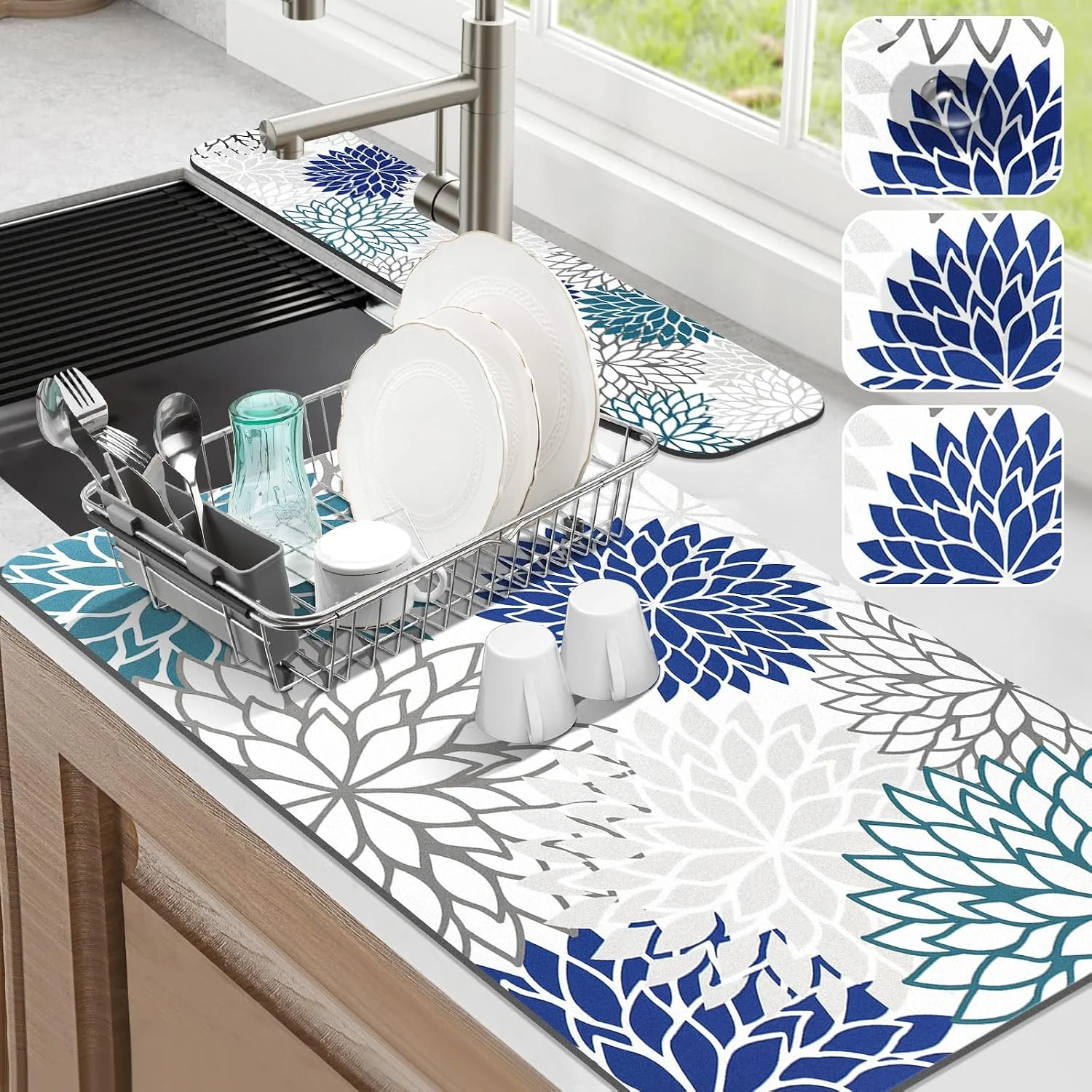 Smart Findosom 2PCS 17 x 32 Dish Drying Mat amp 24 x 5.5 Sink Splash Guard Super Absorbent amp Cuttable Dish Mat Drying Kitchen Mat with Blue Floral Hide Stain Drying Mat for Kitchen Counter Fast