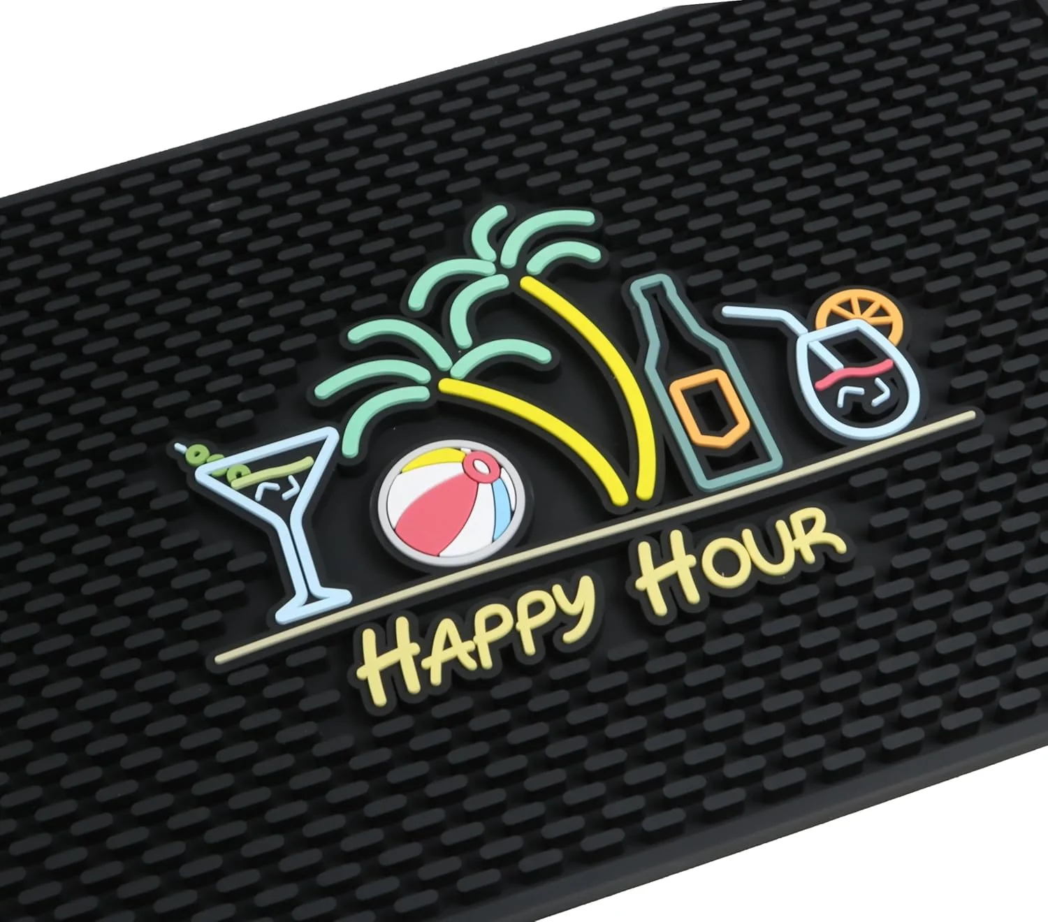 Original Design Tiki Bar Decor Happy Hour Mat 18×12 in Tiki Bar Mats for Countertop with Martini Beach Ball Palm Trees Beer Bottle and Cocktail Design Sophisticated