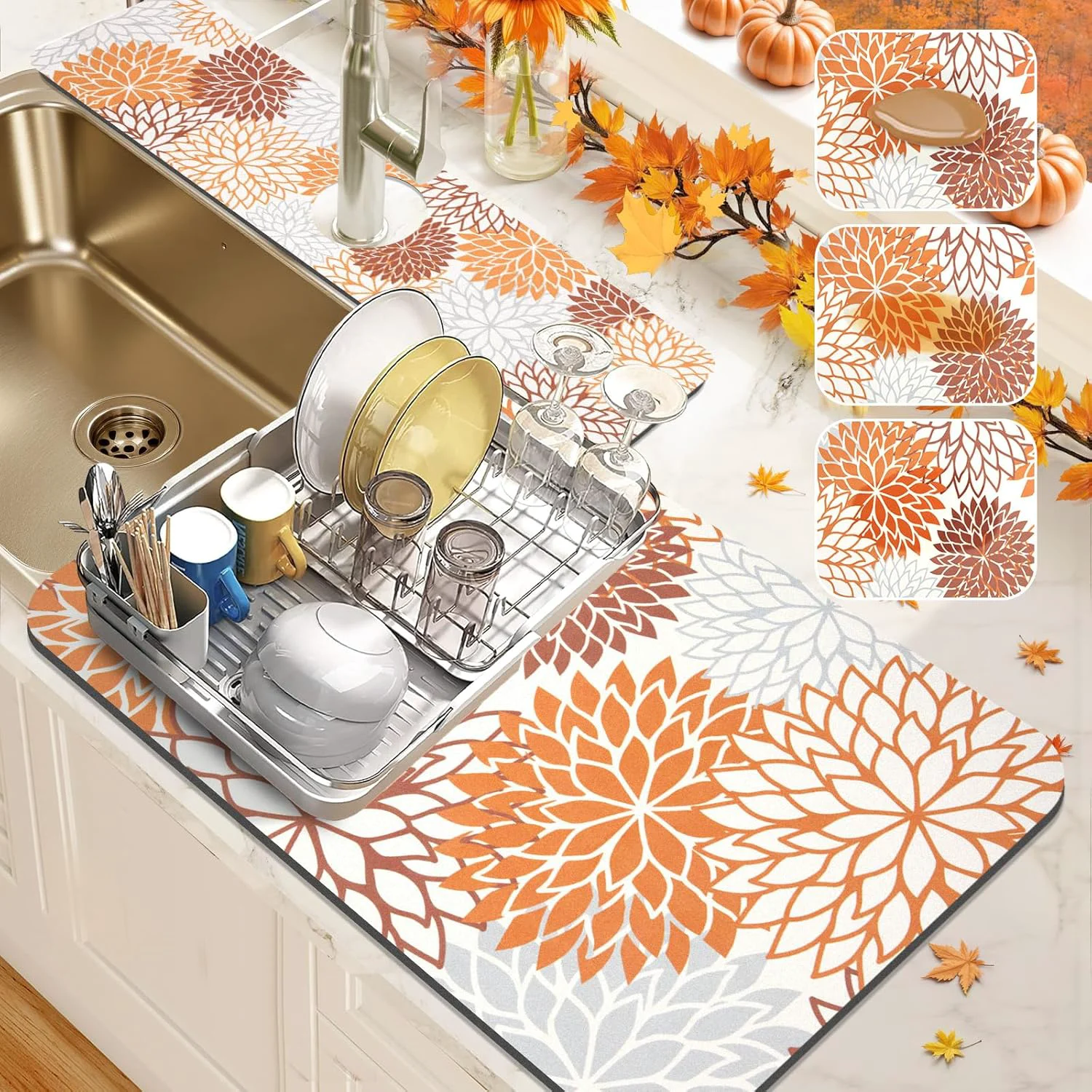 Classic Findosom 2PCS 16 x 24 Fall Dish Drying Mat 24 x 5.5 Sink Splash Guard Super Absorbent Cuttable Dish Mat Drying Kitchen Mat with Orange Dependable