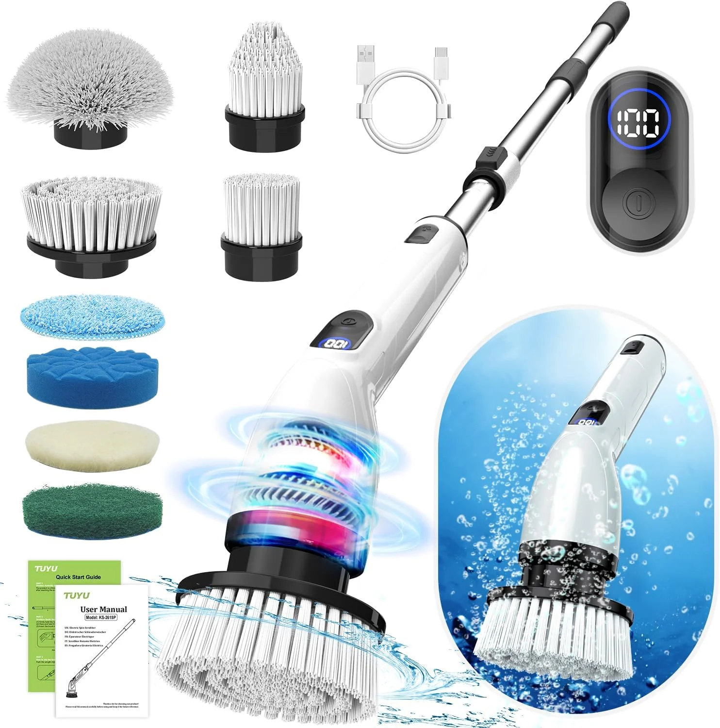 Optimized Tuyu Electric Spin Scrubber Full-Body IPX7 Waterproof Bathroom Scrubber with Power LCD Display 8 Head Adjustable Extension Handle Durable