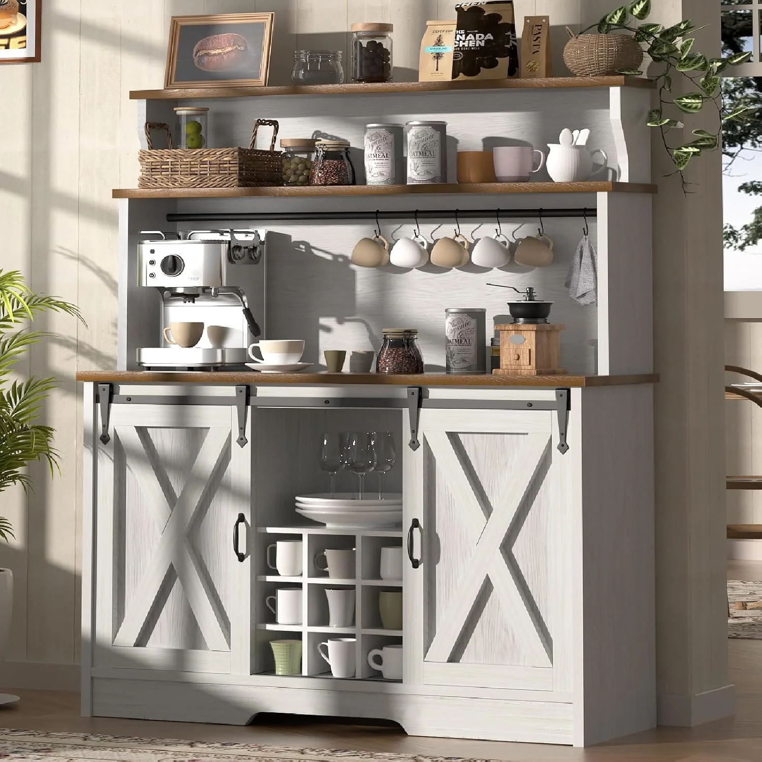 Proven Farmhouse Coffee Bar Cabinet with 3 Tier Storage Hutch 47” Coffee Bar Station with Sliding Barn Door Modern