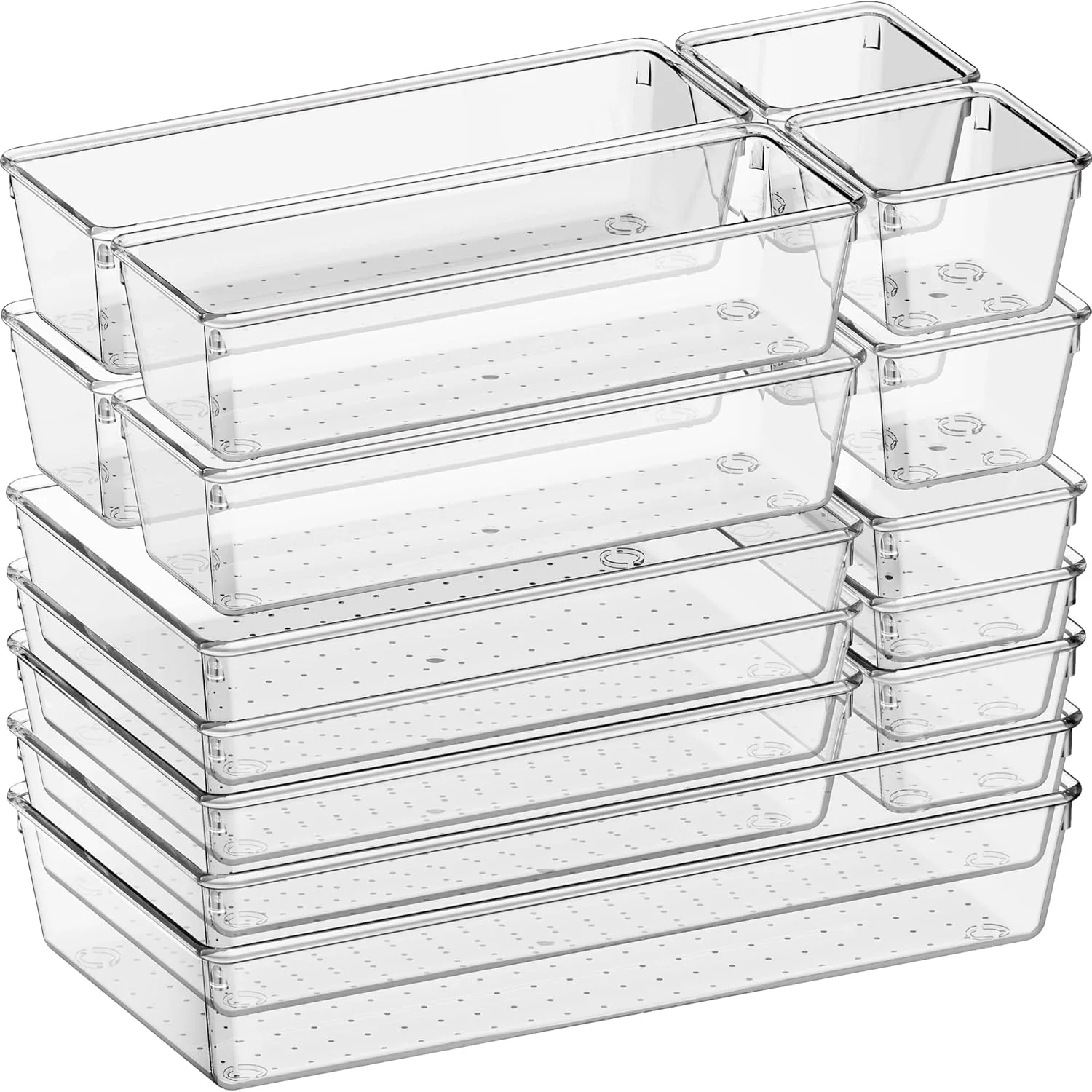 Convenient Criusia 16 Pack Large Clear Plastic Drawer Organizer Bins – 5 Size Acrylic Bathroom and Vanity Organizers and Storage Trays for Makeup Office Home Detailed