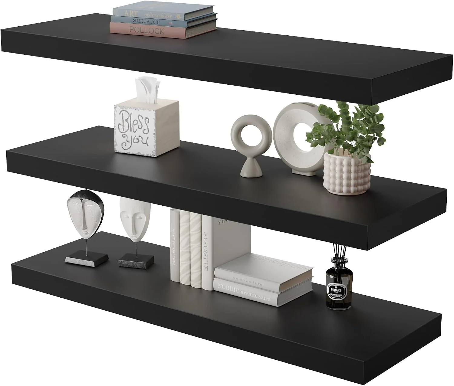 Excellent Floating Shelf Set of 3 Wall Shelf 30 in W x 12.75 in D x 2 in H Wooden Floating Wall Shelf with Invisible Brackets for Living Room Bedroom Bathroom Kitchen Storage and Decor Black Original Design