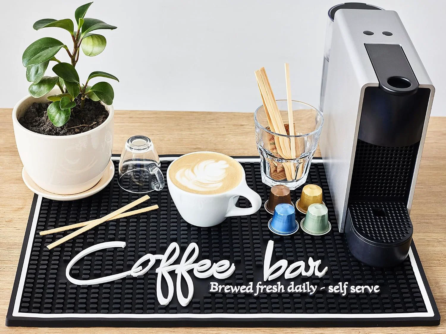 Efficient Brewed Fresh Daily Silicone Coffee Bar Mat 18×12 in Self Serve Coffee Station Sign Mat Hostess Gift Farmhouse Kitchen Decor Non-Slip Espresso Machine Mat Barista Accessories World-Class