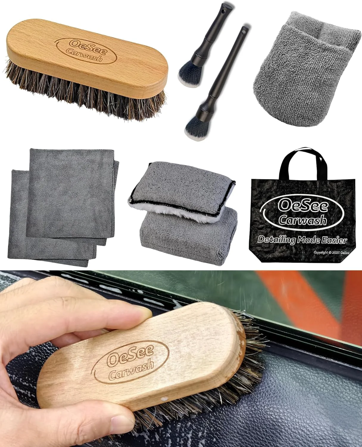 Detailed PRO Car Interior Cleaning Kit 9-Piece – Deep Clean Tools for Leather Dashboard Upholstery Boar Bristle Brush Dual-Sided Scrub Sponge Prestigious