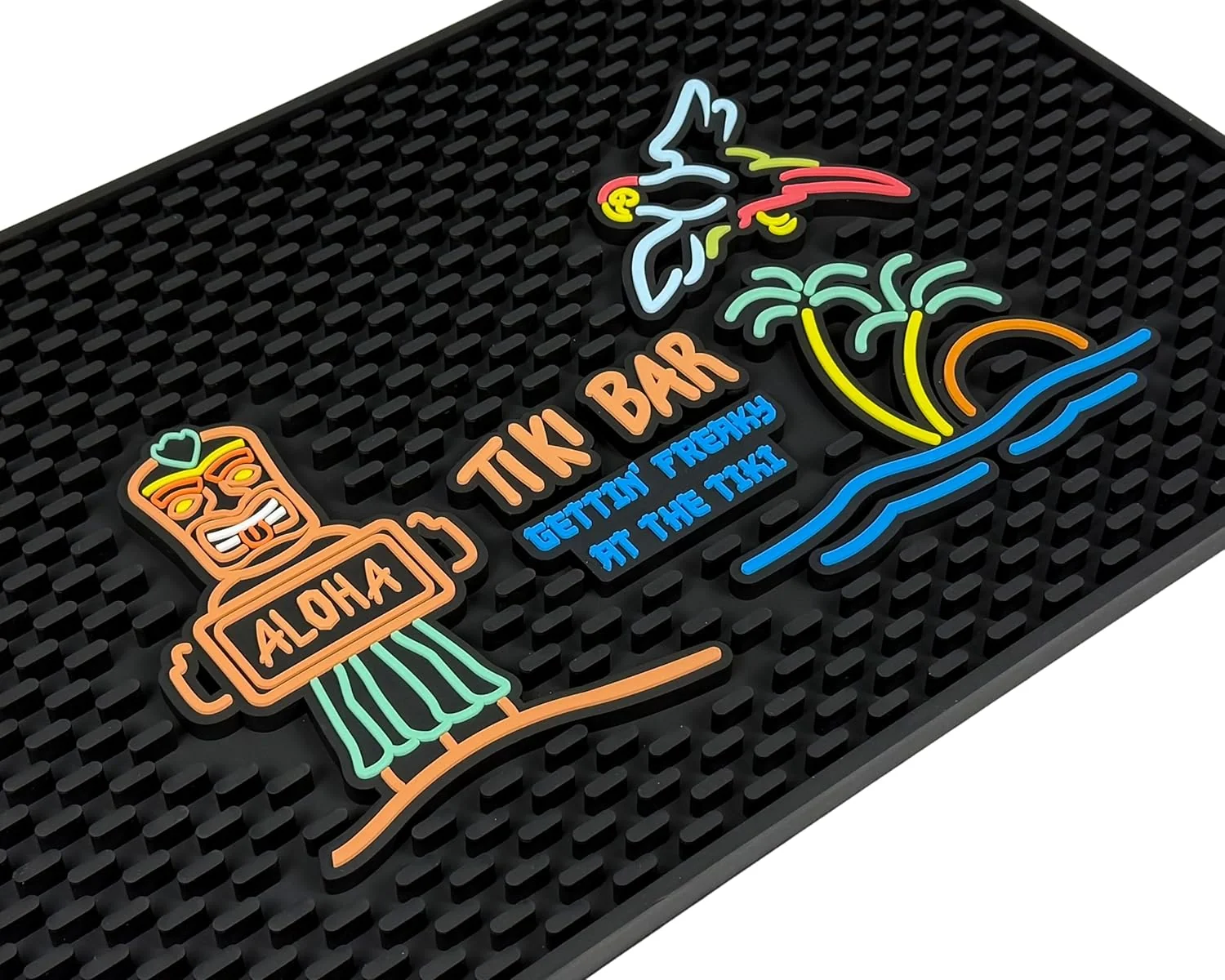 Green Aloha Tiki Bar Mat Gettin Freaky at The Tiki 18×12 in Hawaiian Decorations Luau Party Decorations Hawaiian Party Decorations Bar Mats for Lightweight