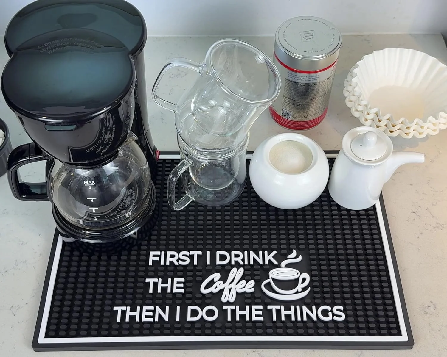 Secure Coffee Matt for Counter First I Drink The Coffee Then I Do The Things 18×12 in Non-Slip Silicone Espresso Maker Mat for Countertops Aloha Sophisticated