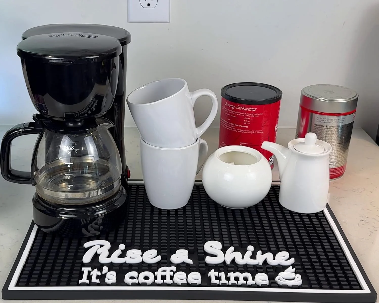 Reliable Coffee Bar Mats for Countertop Rise and Shine It’s Coffee Time Sign 18×12 in Espresso Machine Mat Compatible Modern