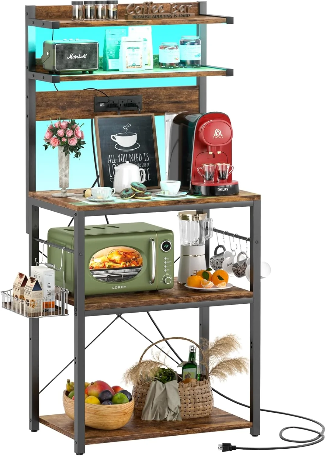 Verified Aheaplus Bakers Rack with Power Outlet Microwave Stand 5 Tiers Coffee Bar Station with Led Lights Kitchen Storage Shelf with 6 S-Shaped Hooks Dependable