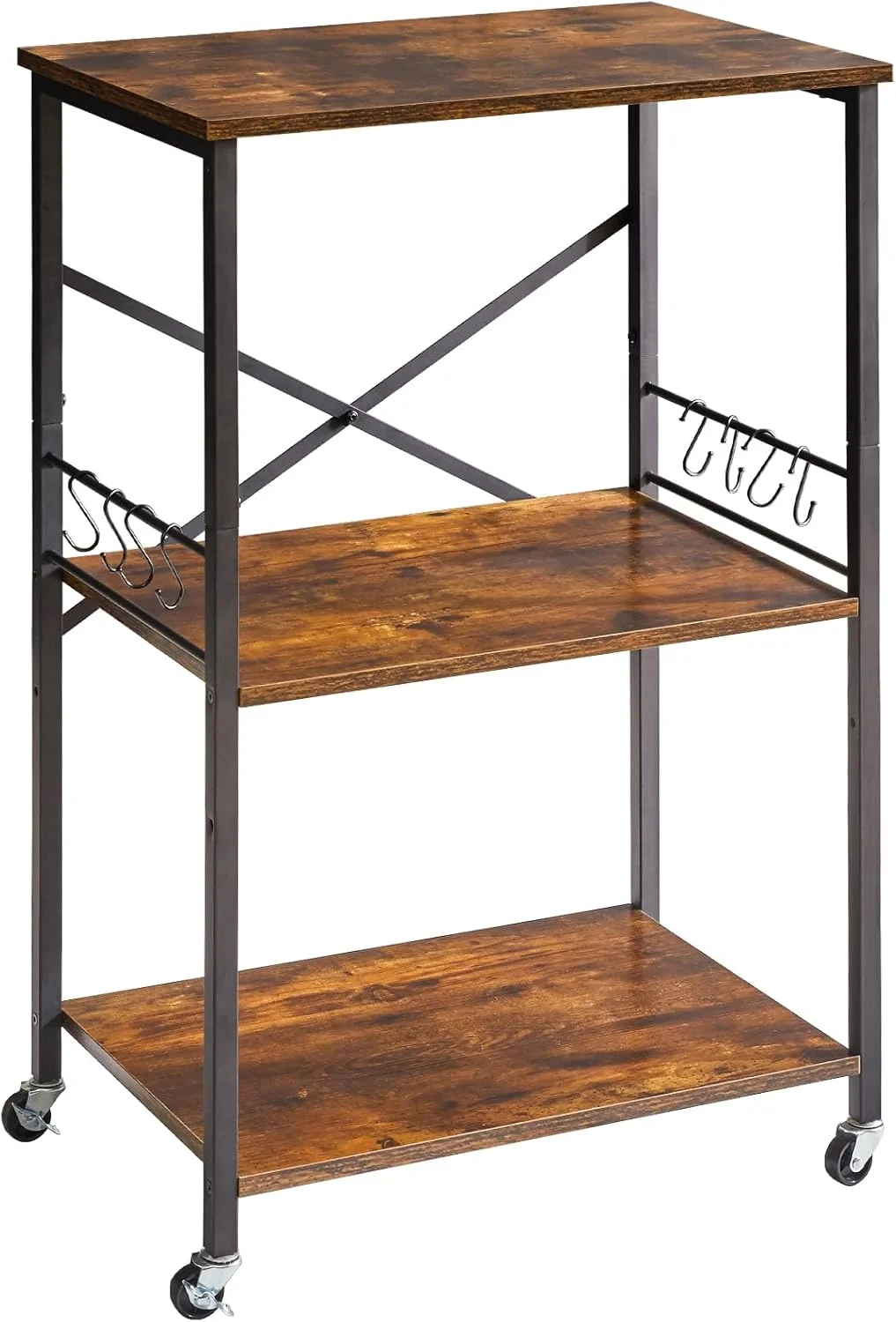Flexible Ibuyke Kitchen Shelf Cart 3-Tier Microwave Oven Stand Baker s Rack with Metal Frame and 8 Hooks Industrial Printer Stand Effective