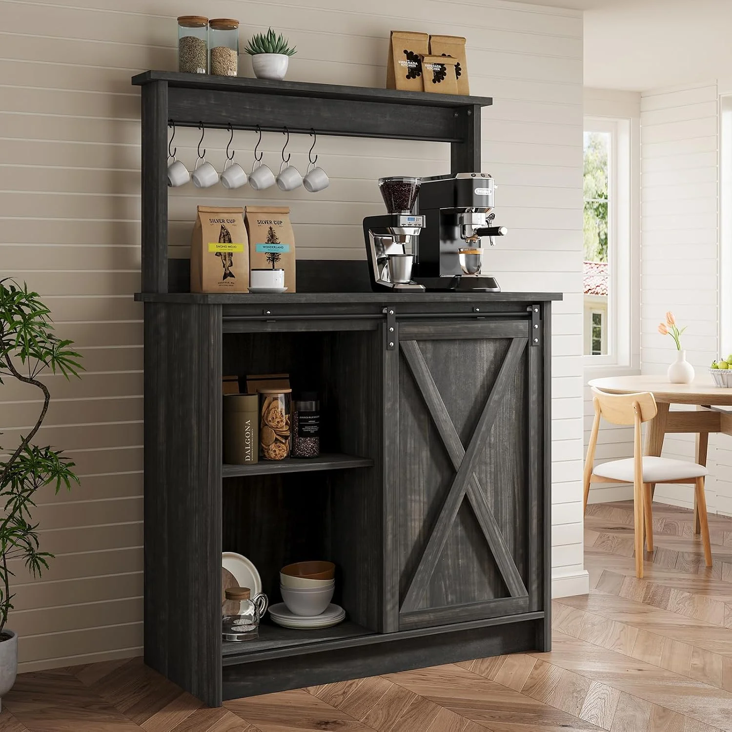 Effective 4ever2buy Farmhouse Coffee Bar Cabinet with Sliding Barn Door 31.5 Dark Oak Fashionable