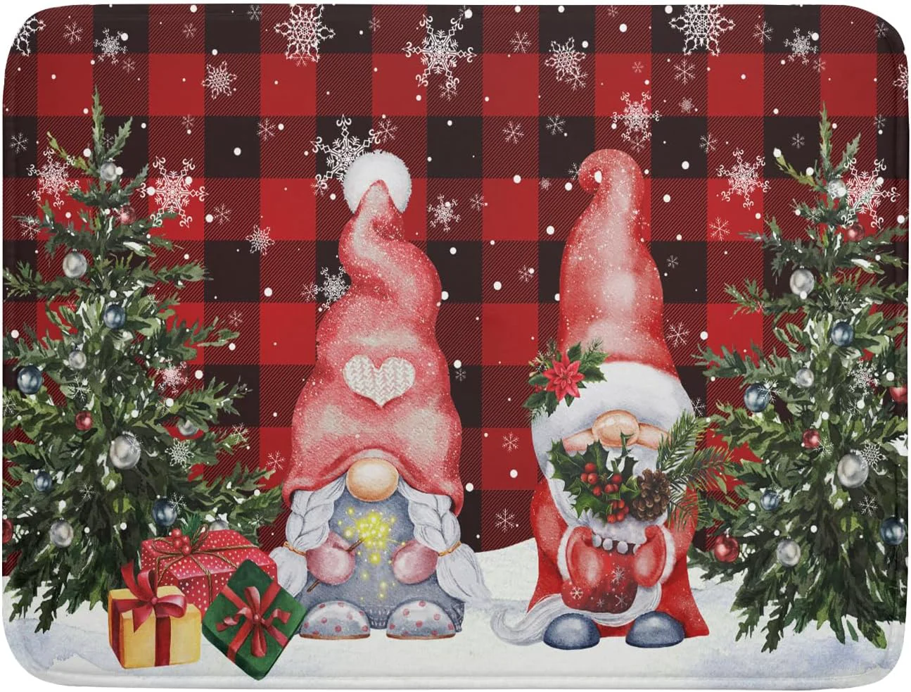 Traditional Winter Gnome Dish Drying Mat 18×24 inch Christmas Elf Trees Snowflakes Dish Drainer Mats Large Black Red Buffalo Plaids Fast Drying Absorbent Dish Flexible
