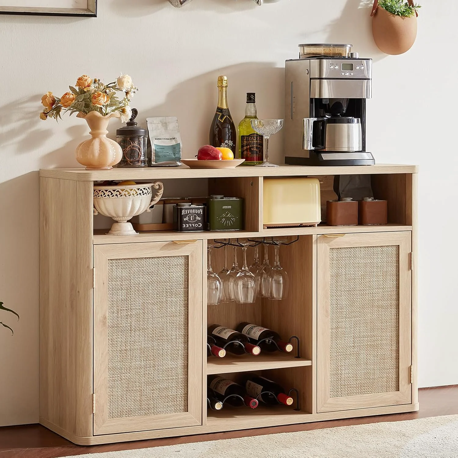 Soft Lerliuo 47.2 Rattan Wine Liquor Cabinet with 2 Doors Boho Farmhouse Coffee Bar Station Built-in Wine Racks Storage Effective