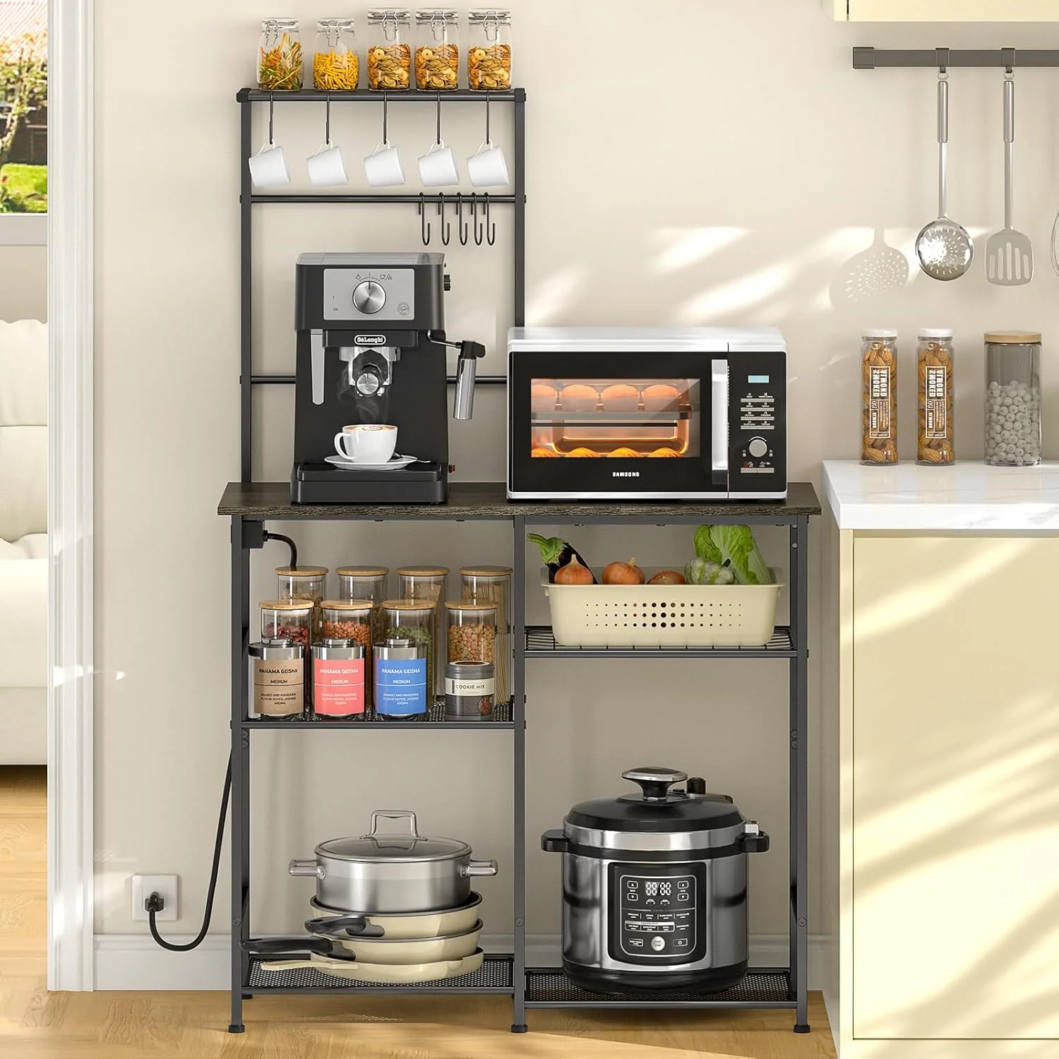 Next-Generation Bakers Rack with Power Outlet Kitchen Microwave Stand with 10 S-shaped Hooks 6-Tier Coffee Bar Station Kitchen Storage Shelf Rack for Spices Pots Casual