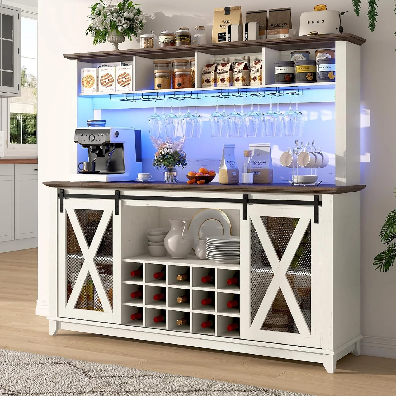 Original 63 Wide 58 H Farmhouse Coffee Bar Cabinet with LED Light Wine Bar Cabinet w 4 Storage Hutch Exclusive