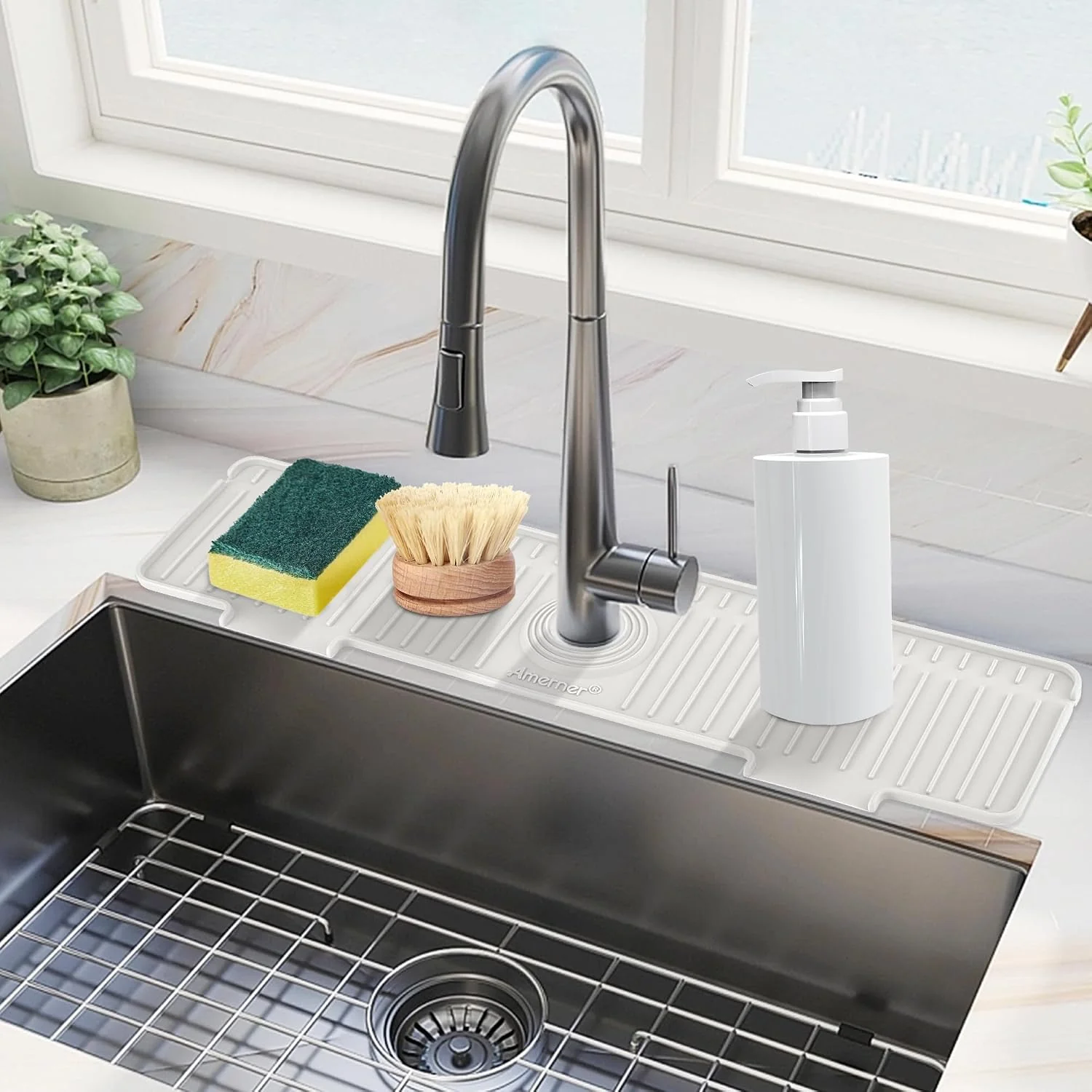 Exceptional Kitchen Sink Splash Guard 20IN Longer Silicone Faucet Guard amp Draining Mat Bathroom and Kitchen Sink Organizer Sink Faucet Mat Water Splash Guard Behind Faucet Accessories Gadget 20 x 5.5 White Casual