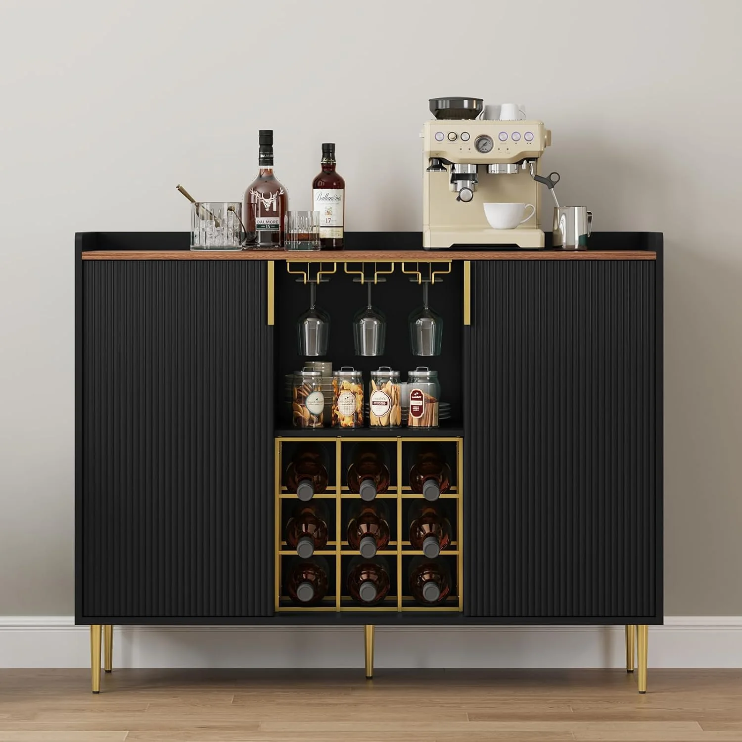Convenient Artpower 48 Wine Bar Cabinet with Fluted Texture Modern Buffet Sideboard with Wine Rack and Glass Holder High-End