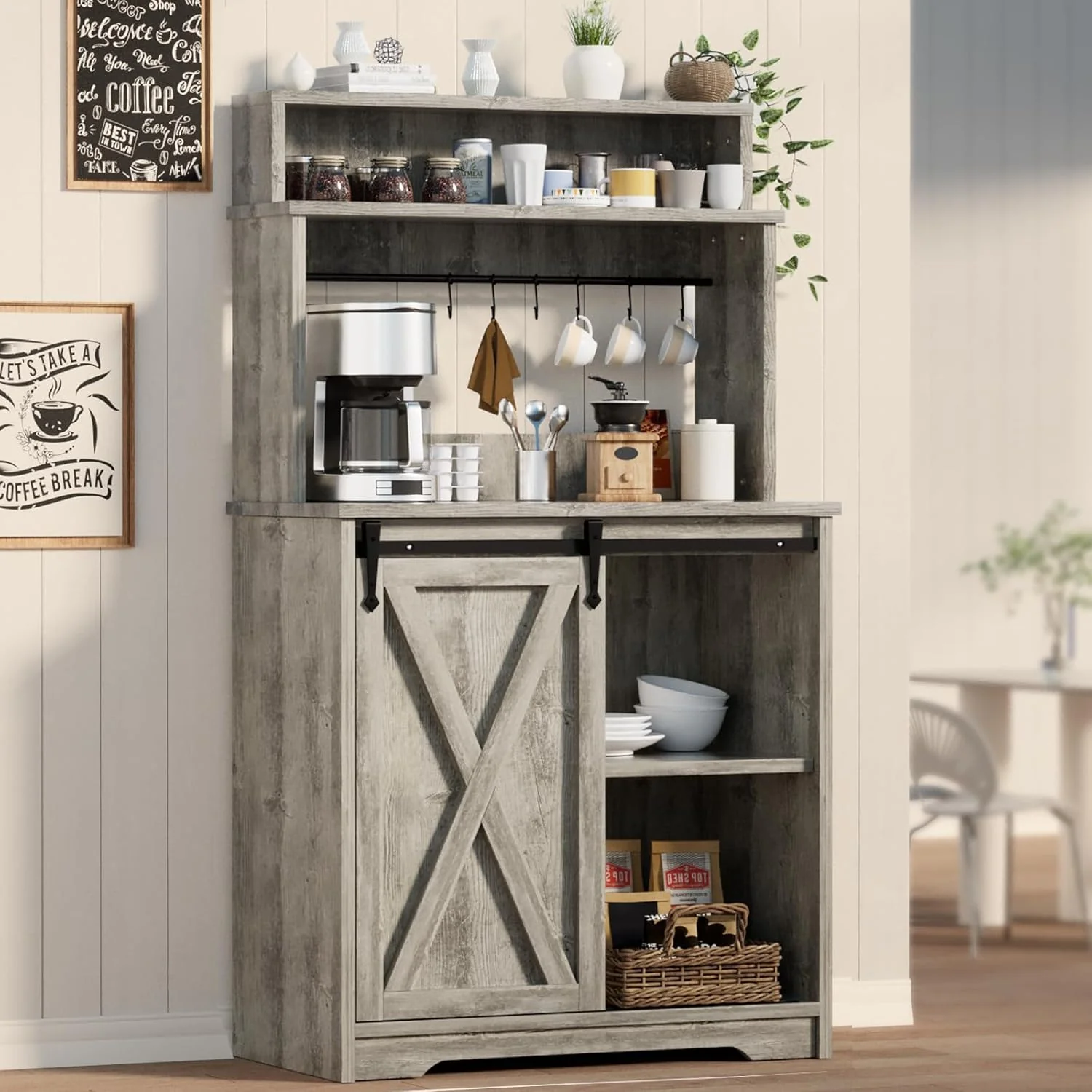 Elegant Farmhouse Coffee Bar with 3 Tier Storage Hutch 56 Inch Small Coffee Station with 6 Hooks Verified