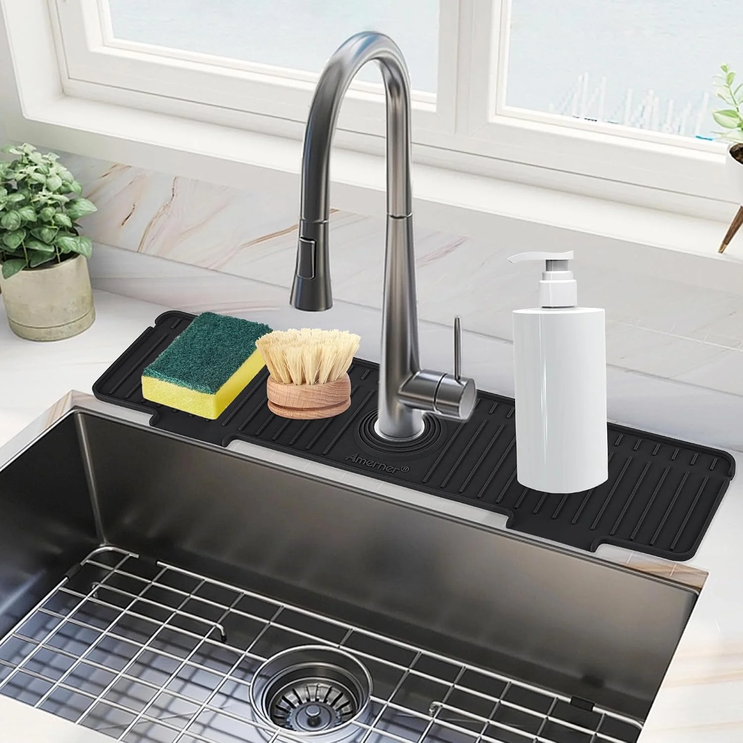 World-Class Kitchen Sink Splash Guard 20 inch Silicone Faucet Guard amp Draining Mat 10° Large Slope Sink Faucet Mat Splash Guard Bathroom Sink Organizer Kitchen Sink Accessories Gadgets 20 x 5.5 Black Premium Material