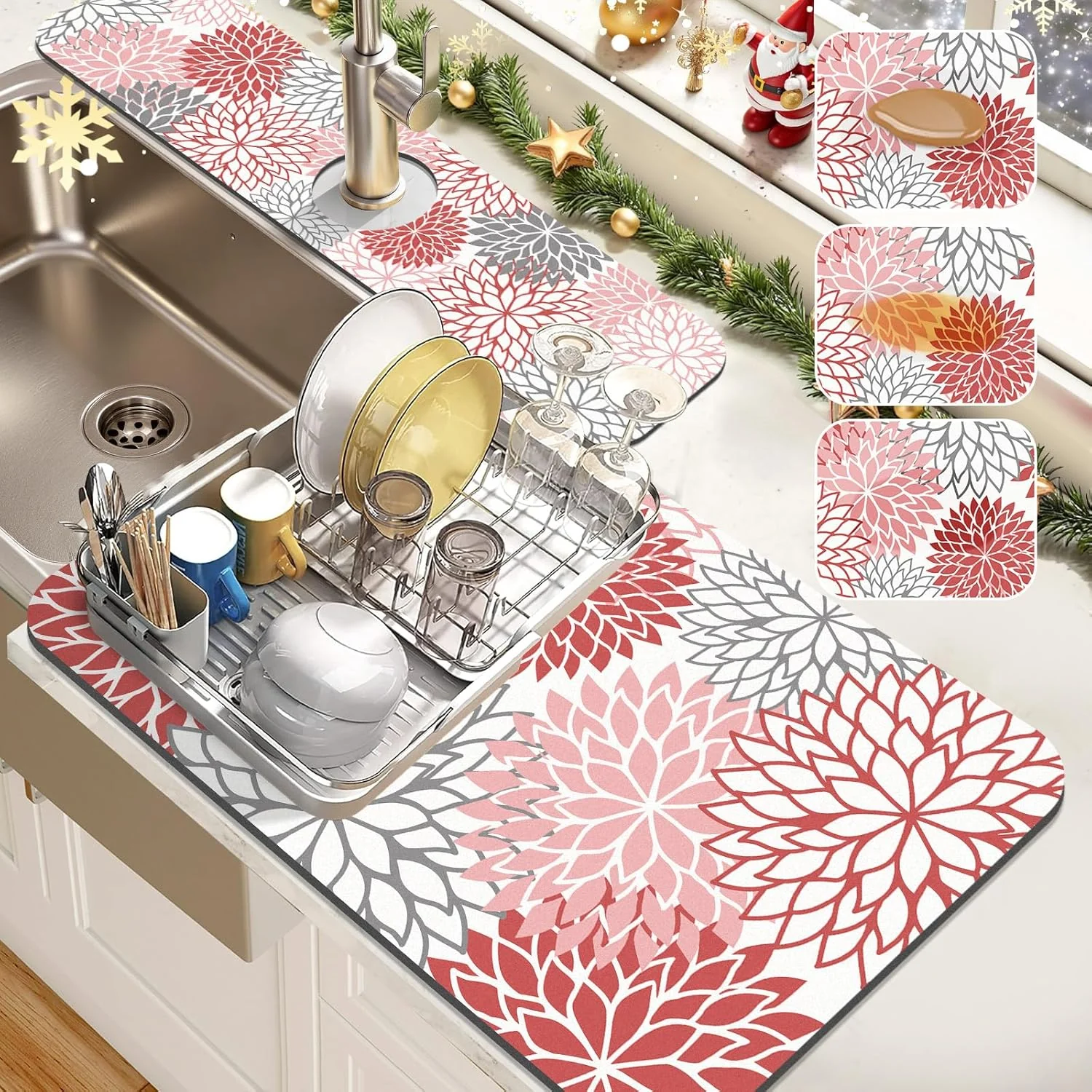 Elite Findosom 2PCS 16 x 24 Christmas Dish Drying Mat 24 x 5.5 Sink Splash Guard Super Absorbent Cuttable Dish Mat Drying Kitchen Mat with Red Secure
