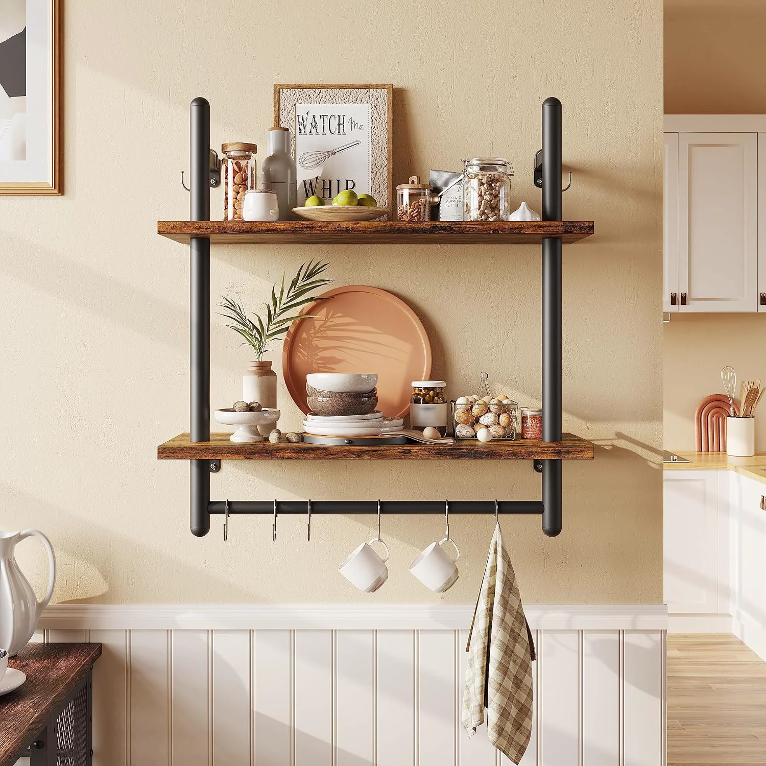Fast ier 24 Floating Kitchen Shelves Wall Mounted 2 Tier Coffee bar Shelves with 8 Hooks Industrial Wall Shelf for Kitchen Living Room Bedroom Rustic Brown Outstanding