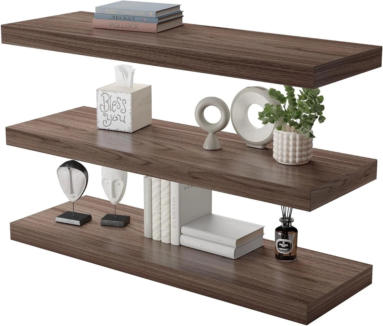 High-End Floating Shelf Set of 3 Wall Shelf 24 in W x 12.75 in D x 2 in H Wooden Floating Wall Shelf with Invisible Brackets for Living Room Bedroom Bathroom Kitchen Storage and Decor Walnut Official