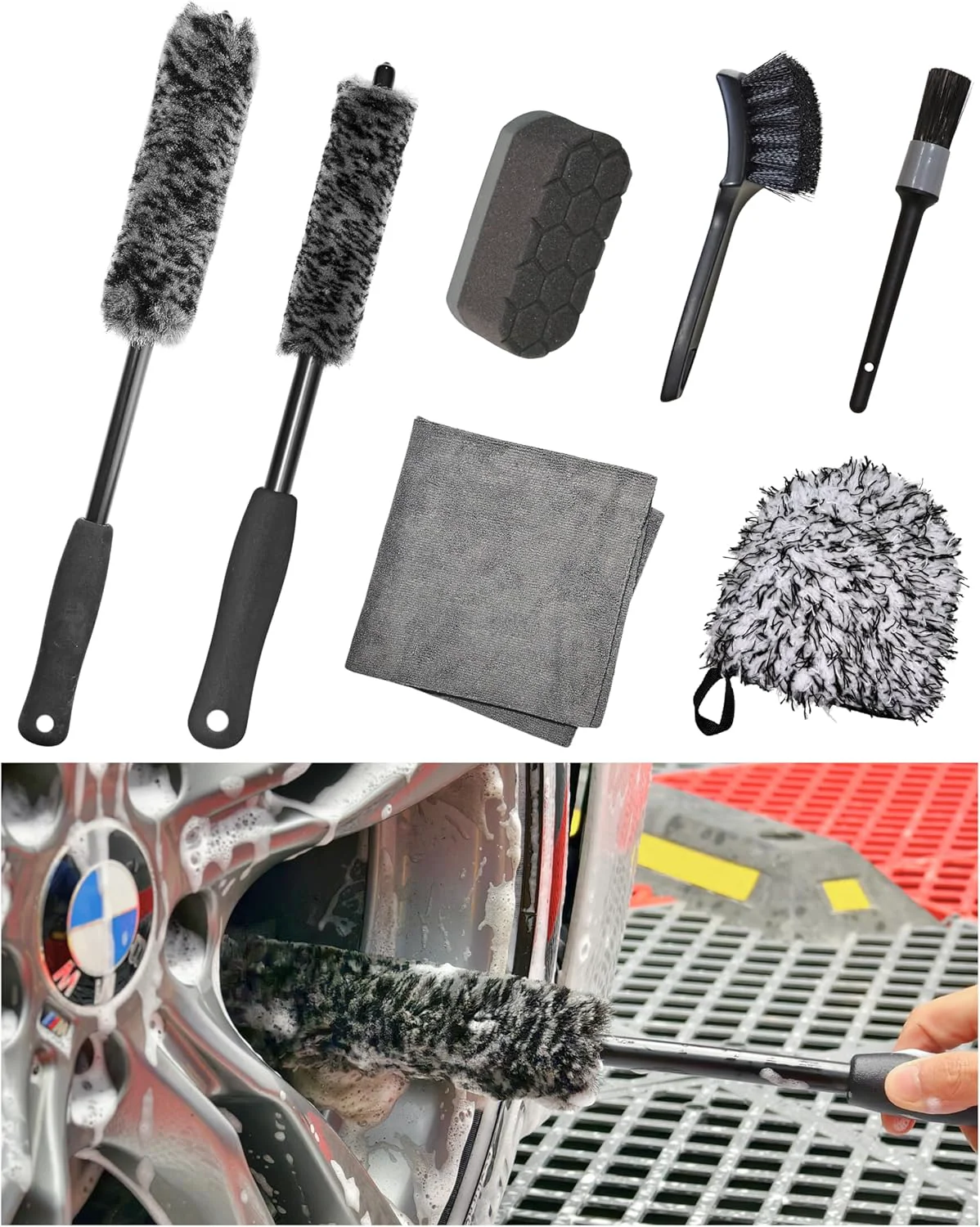 Solid 7PCS Pro-Grade Wheel Cleaning Kit Long Handle Soft Wheel Brushes Detailing Brush Tire Scrubber Wash Mitt Certified