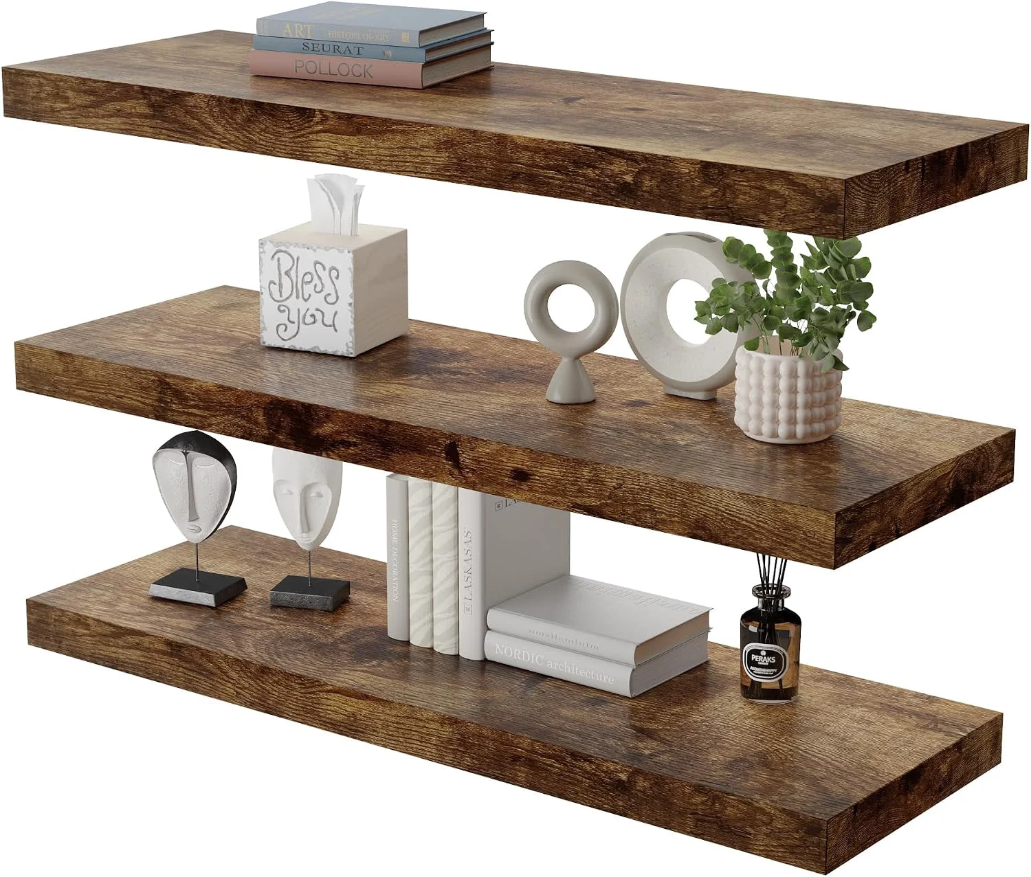 Exclusive Floating Shelf Set of 3 Wall Shelf 30 in W x 12.75 in D x 2 in H Wooden Floating Wall Shelf with Invisible Brackets for Living Room Bedroom Bathroom Kitchen Storage and Decor Rustic Brown Contemporary
