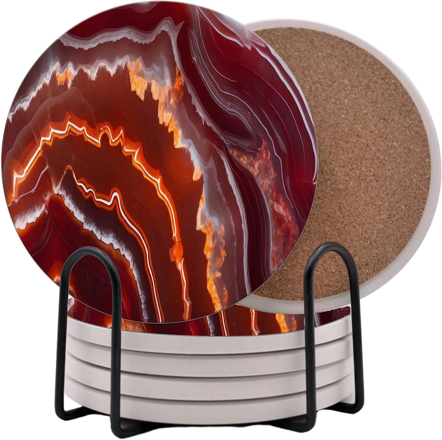 Certified Red Agate Marble Round Coasters Set of 6 – Abosrbent Ceramic Coasters with Metal Stand for Drinks Coffee Non-Slip Cork Back for Tabletop Protection 4 Inches Marbled Pattern Agate Breathable