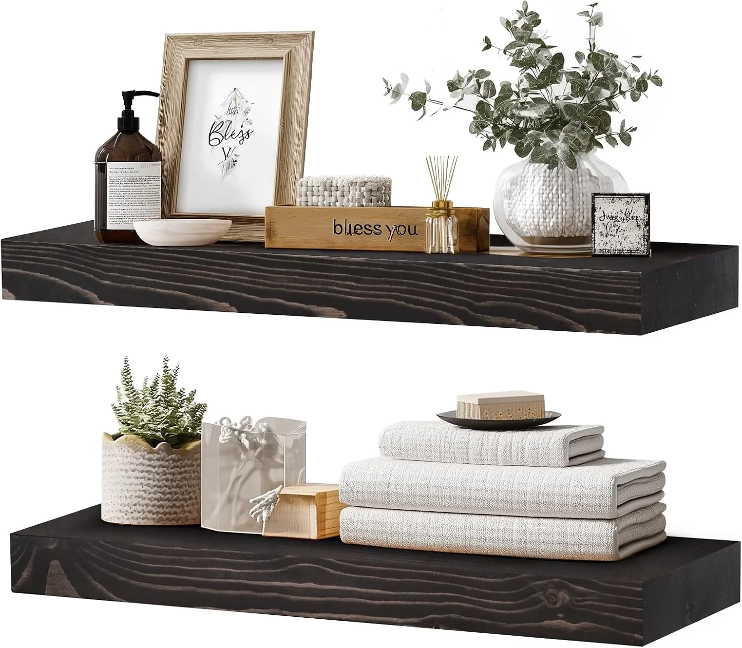 Top-Quality Solid Wood Floating Shelves 24 Inch Wall Shelves Set of 2 Black Enhanced