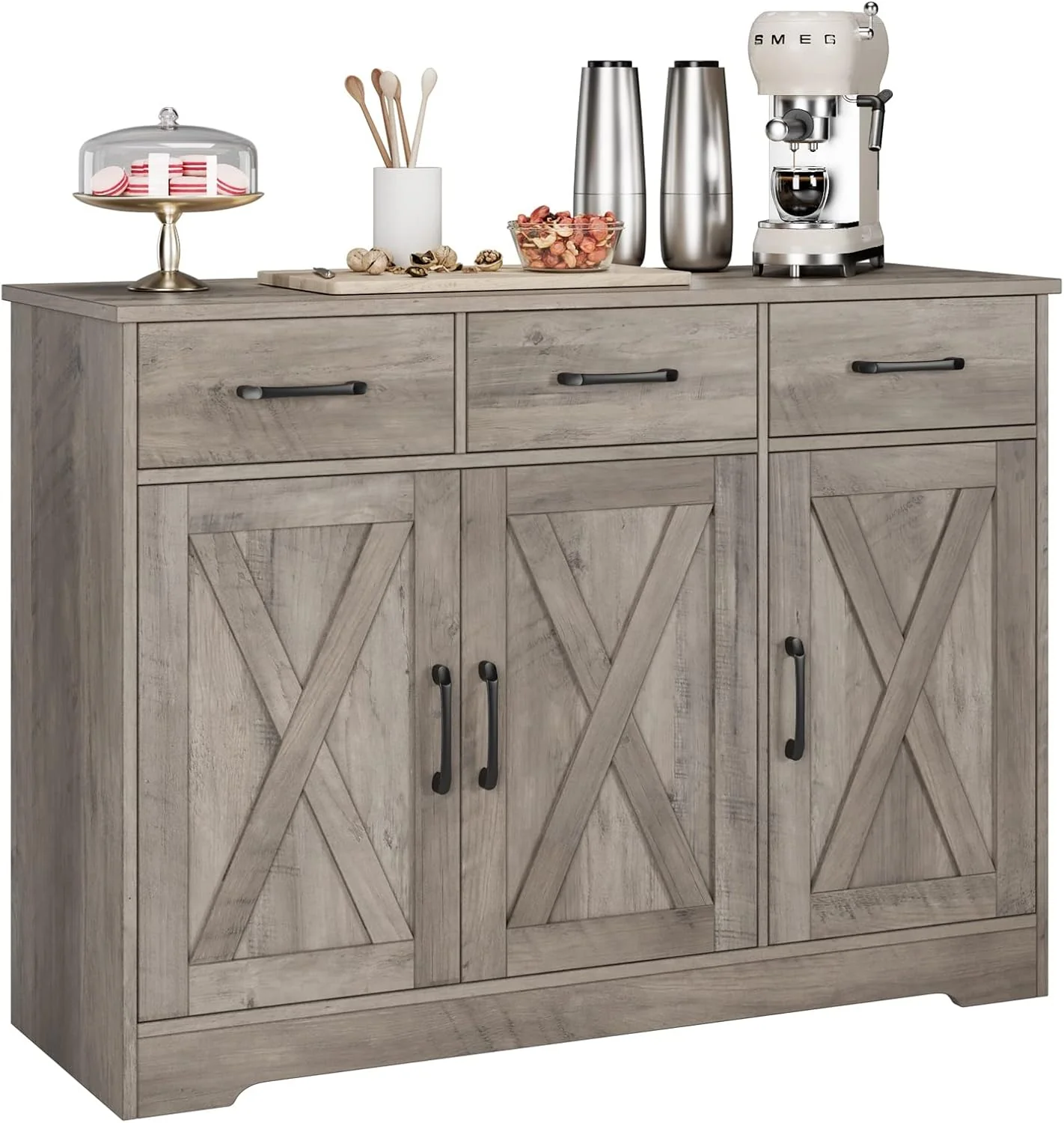 Efficient Hostack Modern Farmhouse Buffet Sideboard Cabinet Barn Doors Storage Cabinet with Drawers and Shelves Wood Coffee Bar with Storage for Dining Room Pure