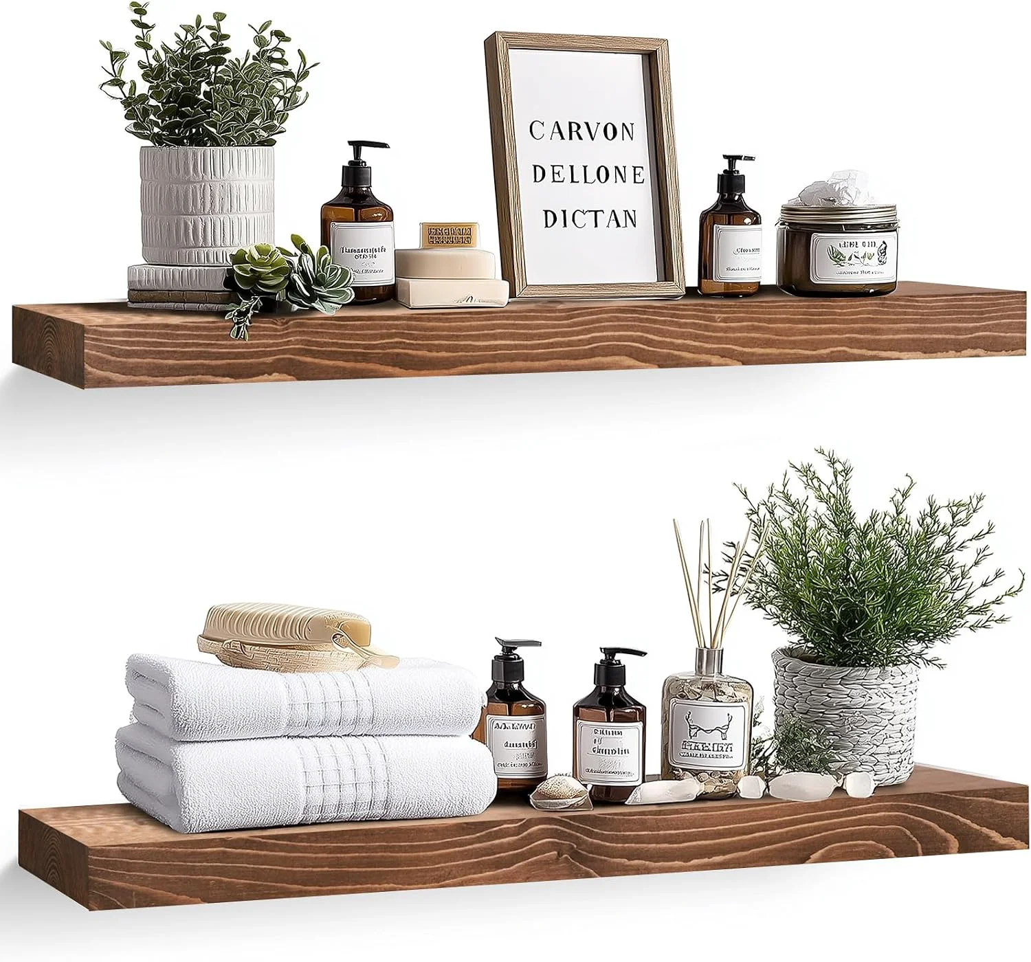Breathable Solid Wood Floating Shelves 36 Inch Wall Shelves Set of 2 Brown Detailed